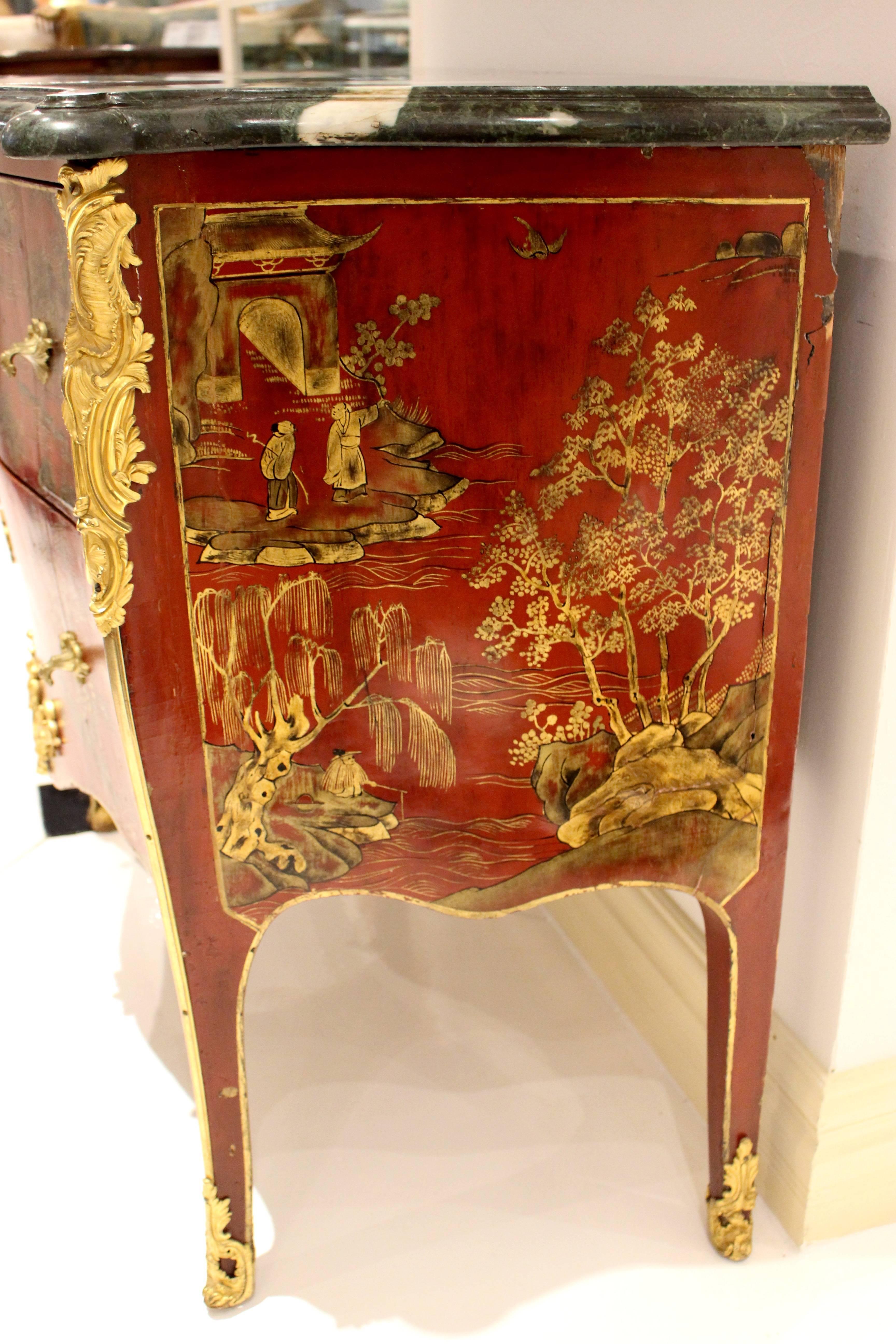Gilt Louis XV Style Early 19th Century Red Lacquer Commode with Chinoiseries Scenes