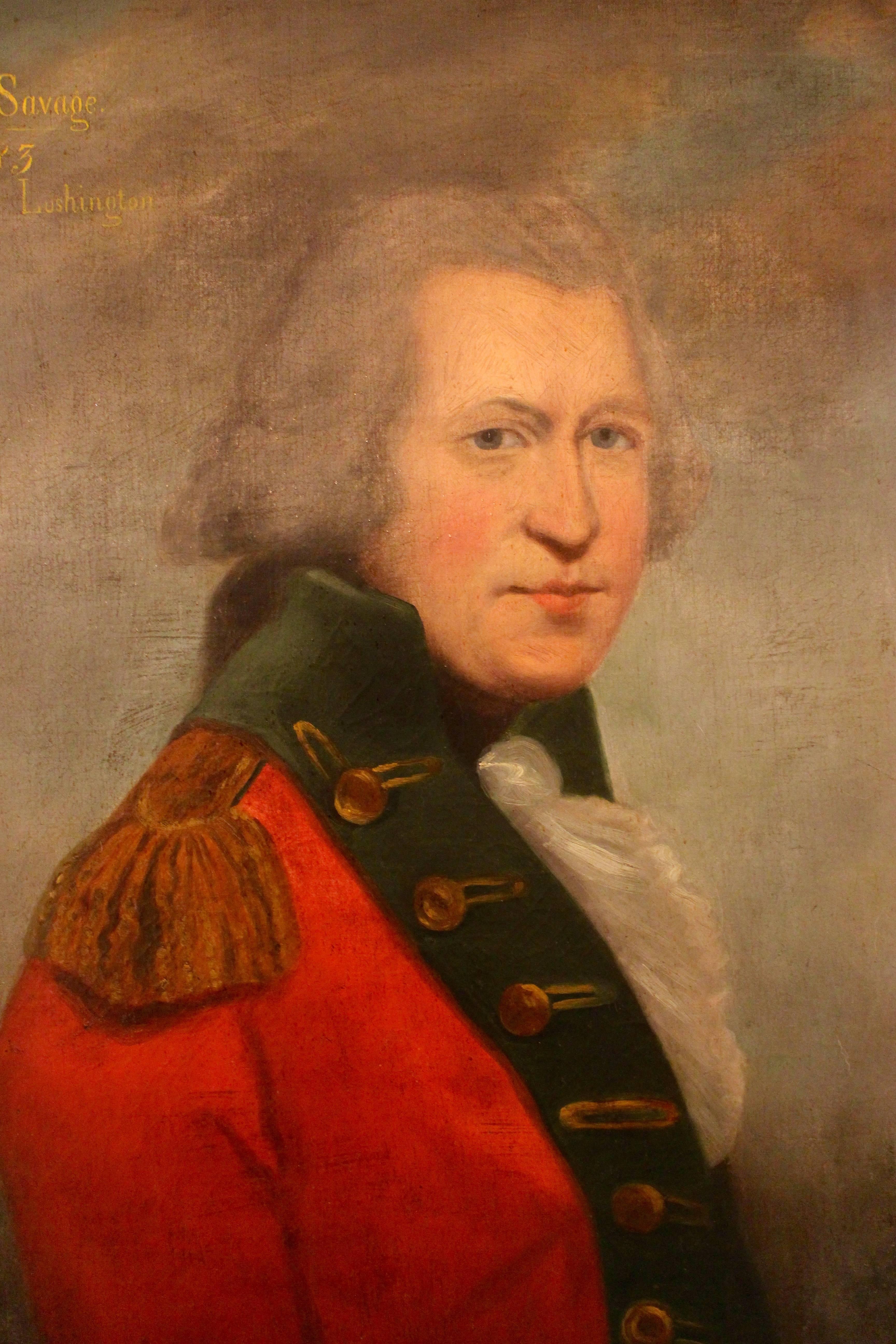 A late 18th century oil on canvas painting of a British Army officer, “Major Charles Savage”. In this half-length portrait the officer is wearing the traditional redcoat uniform of the British Army against a neutral backdrop. Dark blue facing on the