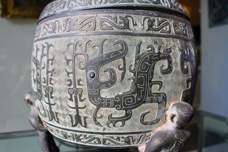 Chinese Barrel-Form Brass Urn with Traditional Archaistic Ornamentation