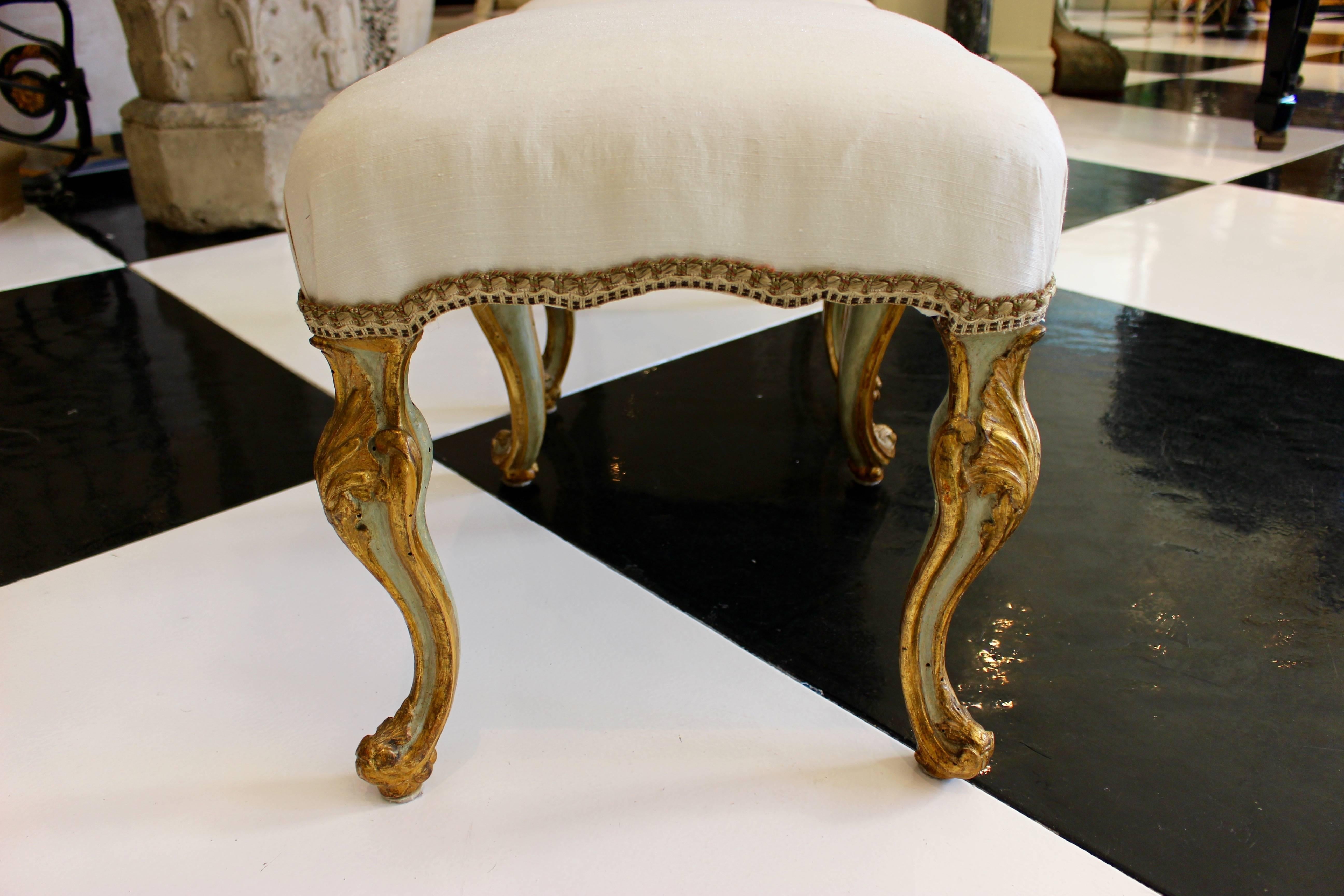 Carved Pair of 1750s Italian Piedmontese Rococo Blue-Painted and Parcel-Gilt Stools For Sale
