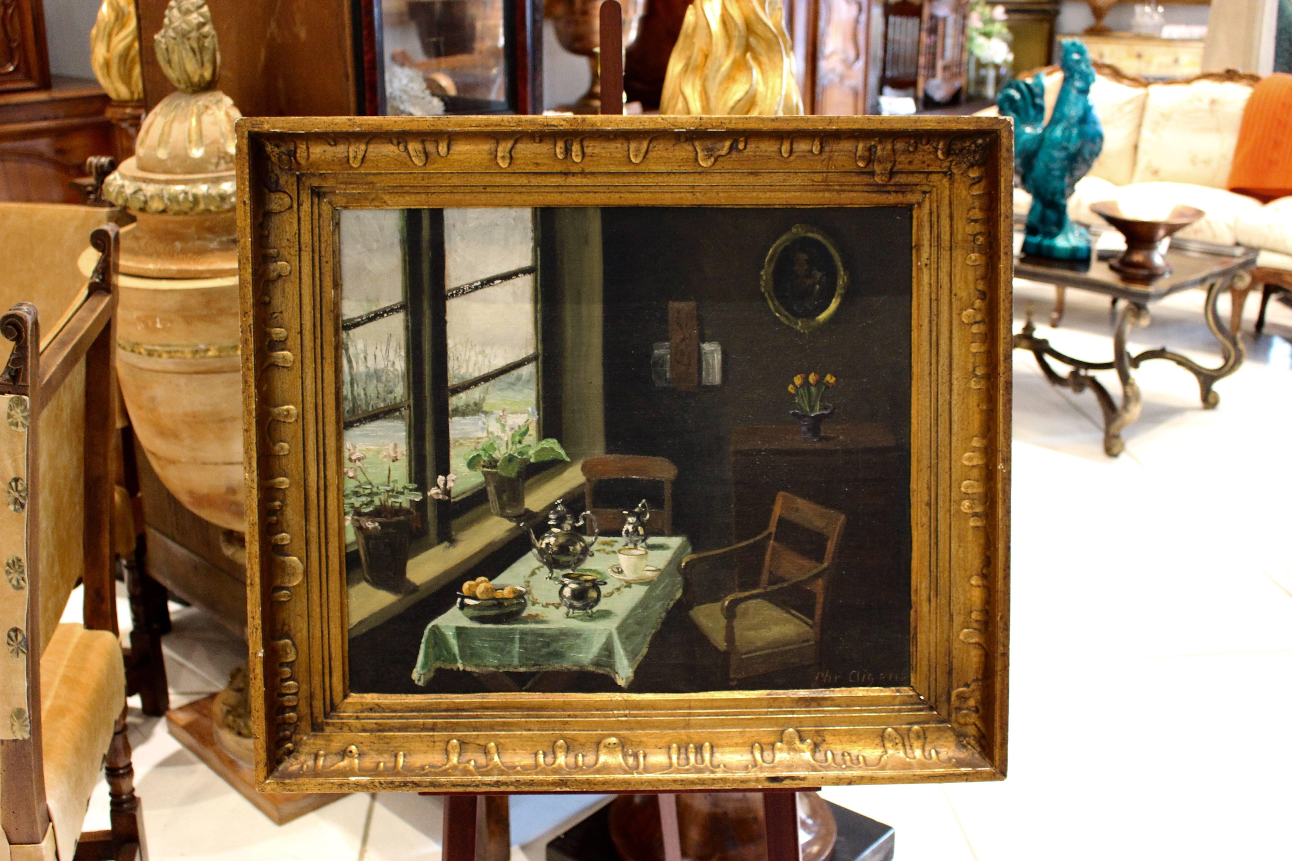 Painting - oil on canvas - Inside Drawing Room with Set Table. Signed Crigensm. Early 20th Century.