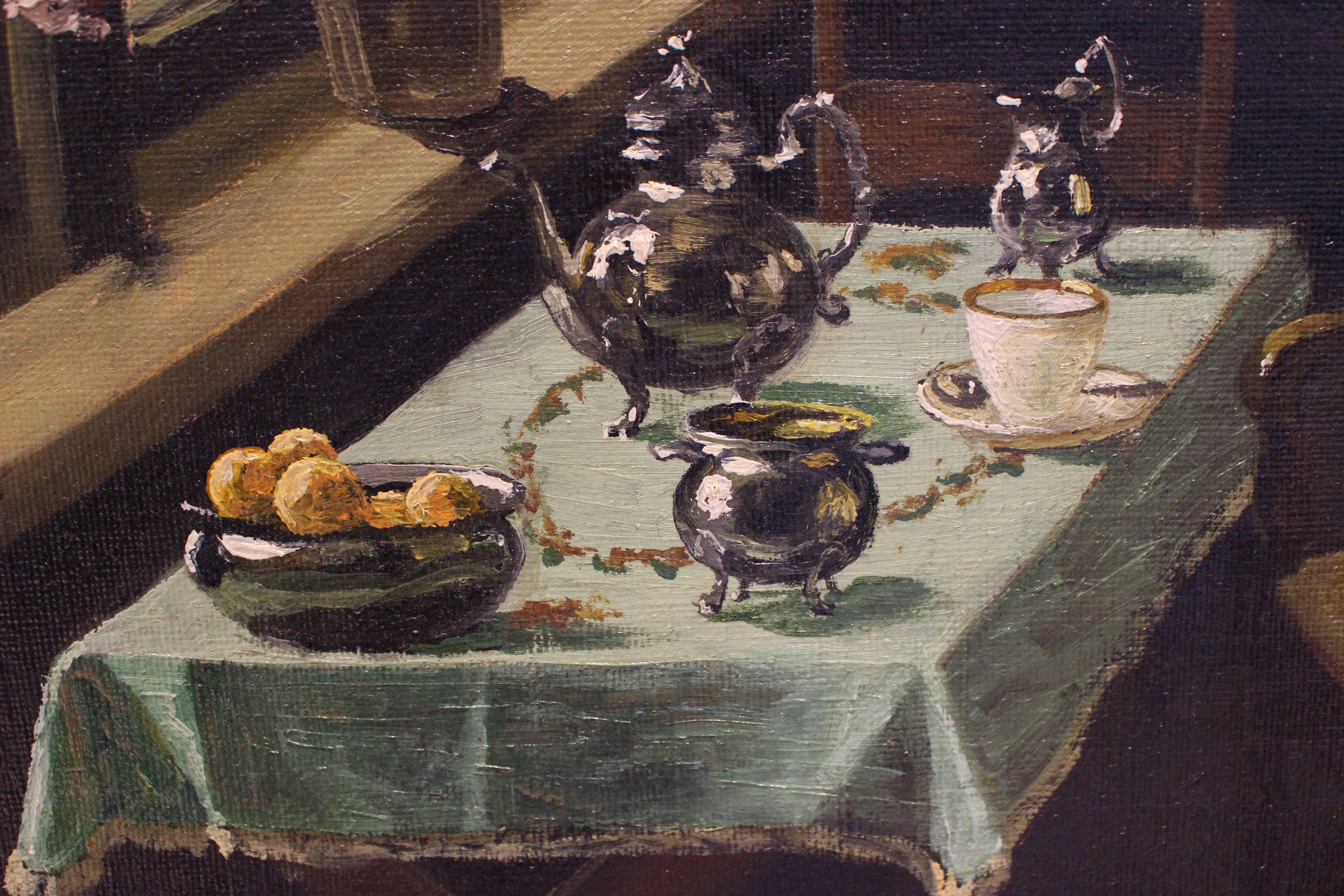Toile Peinture à l'huile sur toile à l'intérieur d'un atelier de dessin avec table de jeu, signée Crigensm en vente
