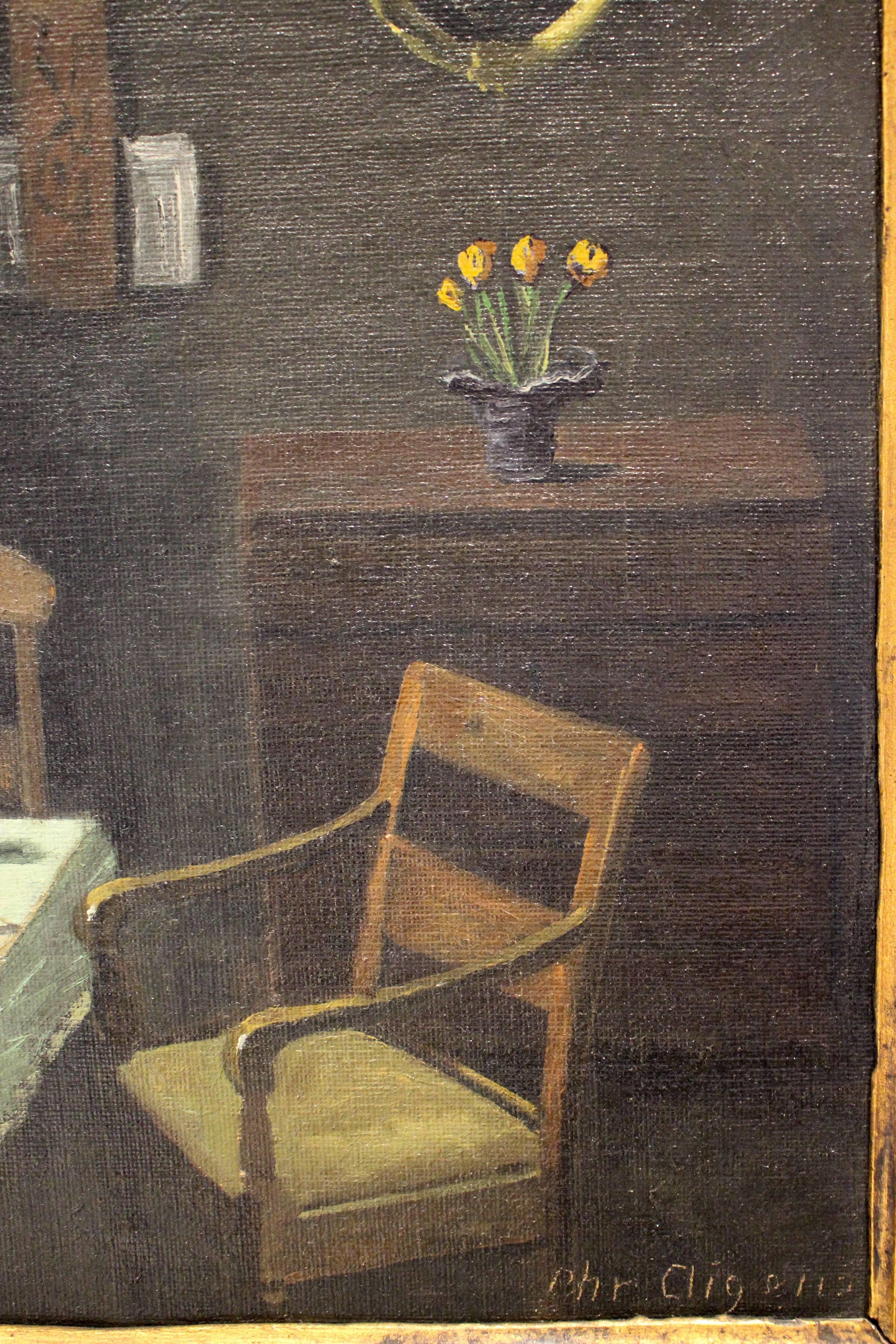 Painting Oil on Canvas Inside Drawing Room with Set Table, Signed Crigensm For Sale 2