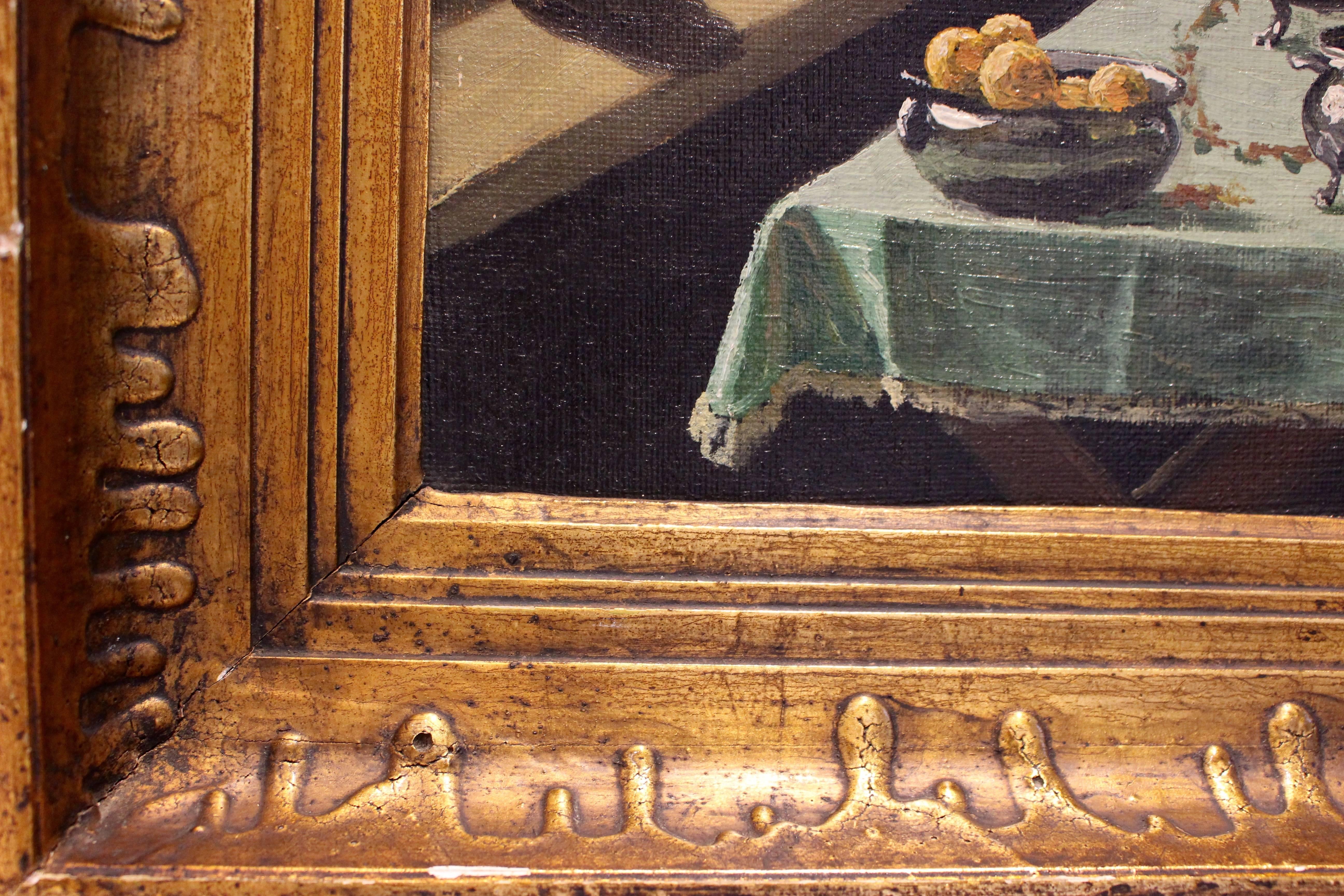 Peinture à l'huile sur toile à l'intérieur d'un atelier de dessin avec table de jeu, signée Crigensm en vente 3