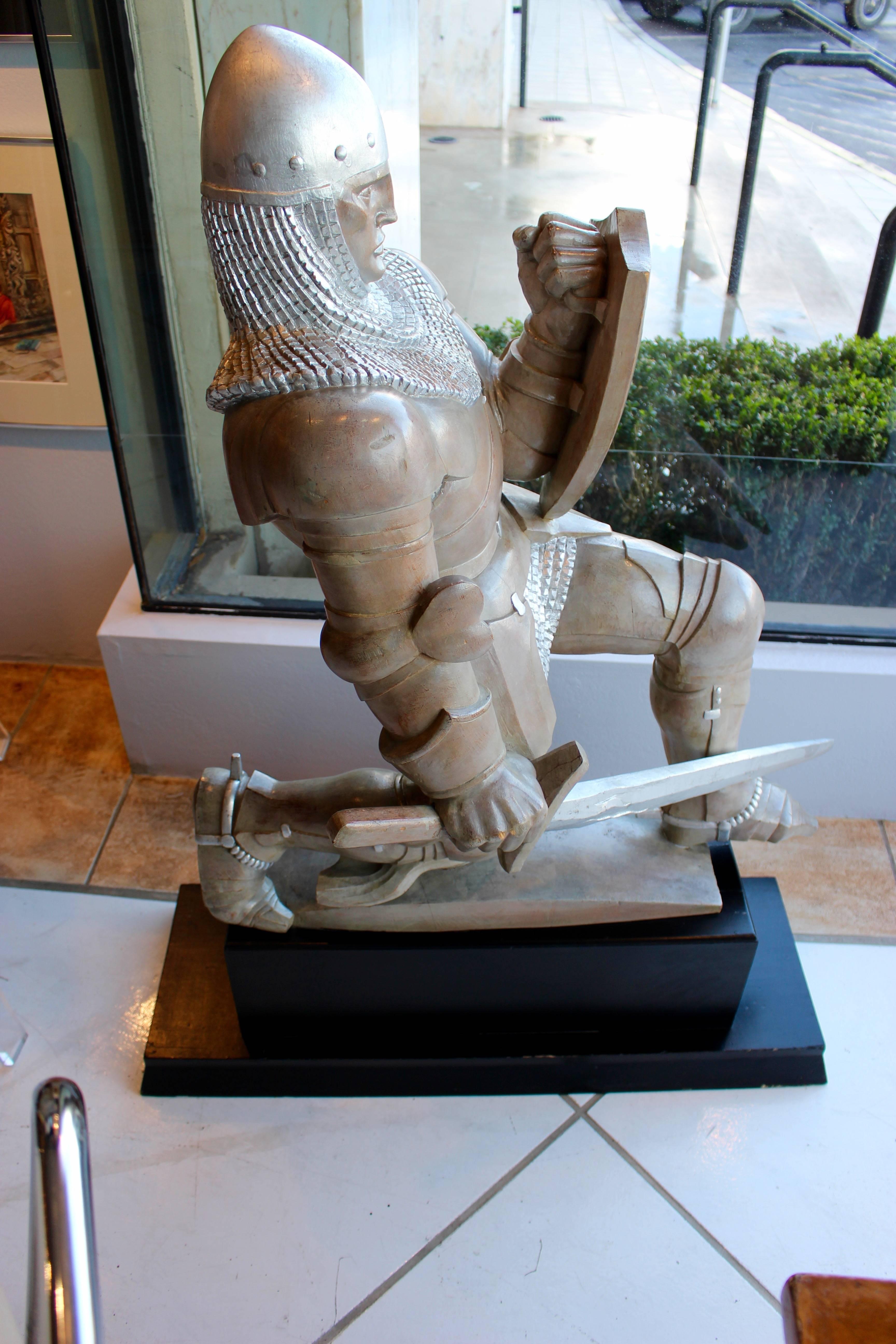 20th Century Painted and Carved Wooden Sculpture of a Knight Crusader, circa 1944 on Pedestal For Sale