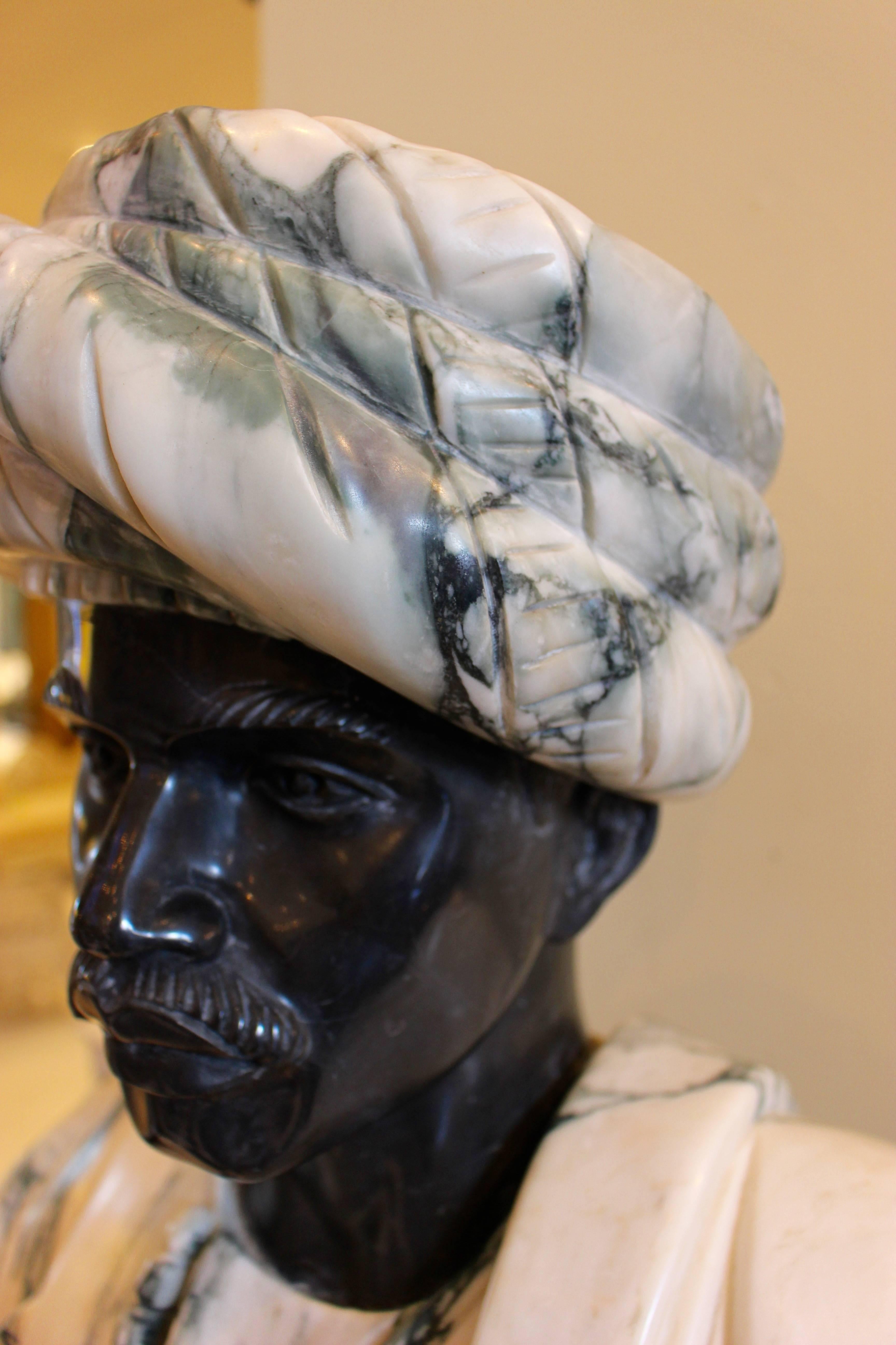 Carved Grey Veined and Black Marble Bust with Mantle and Turban In Good Condition In Palm Desert, CA