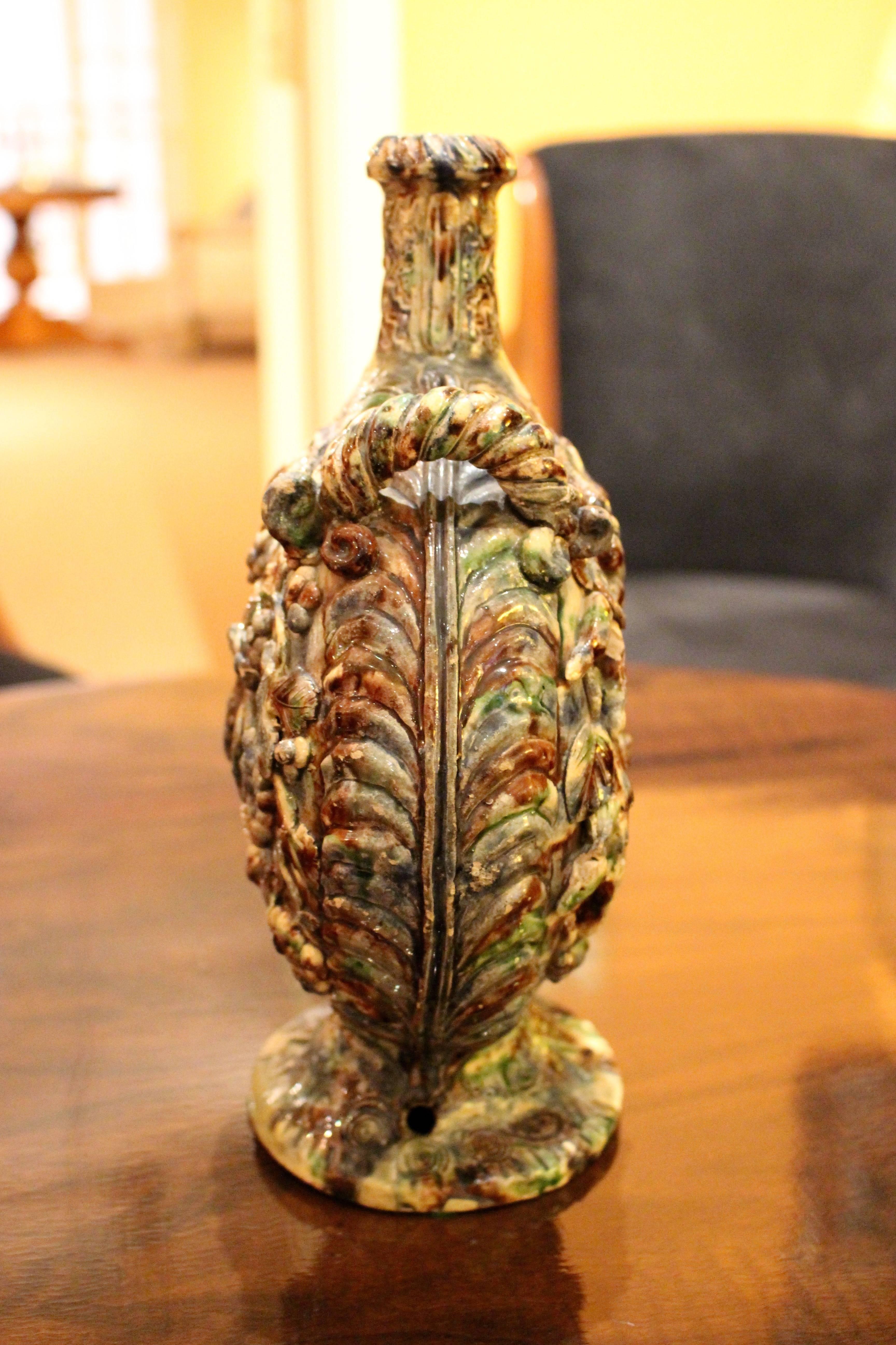 Italian Rustic Faience Vase of Flattened Circular Form with Molded Decoration In Good Condition For Sale In Palm Desert, CA