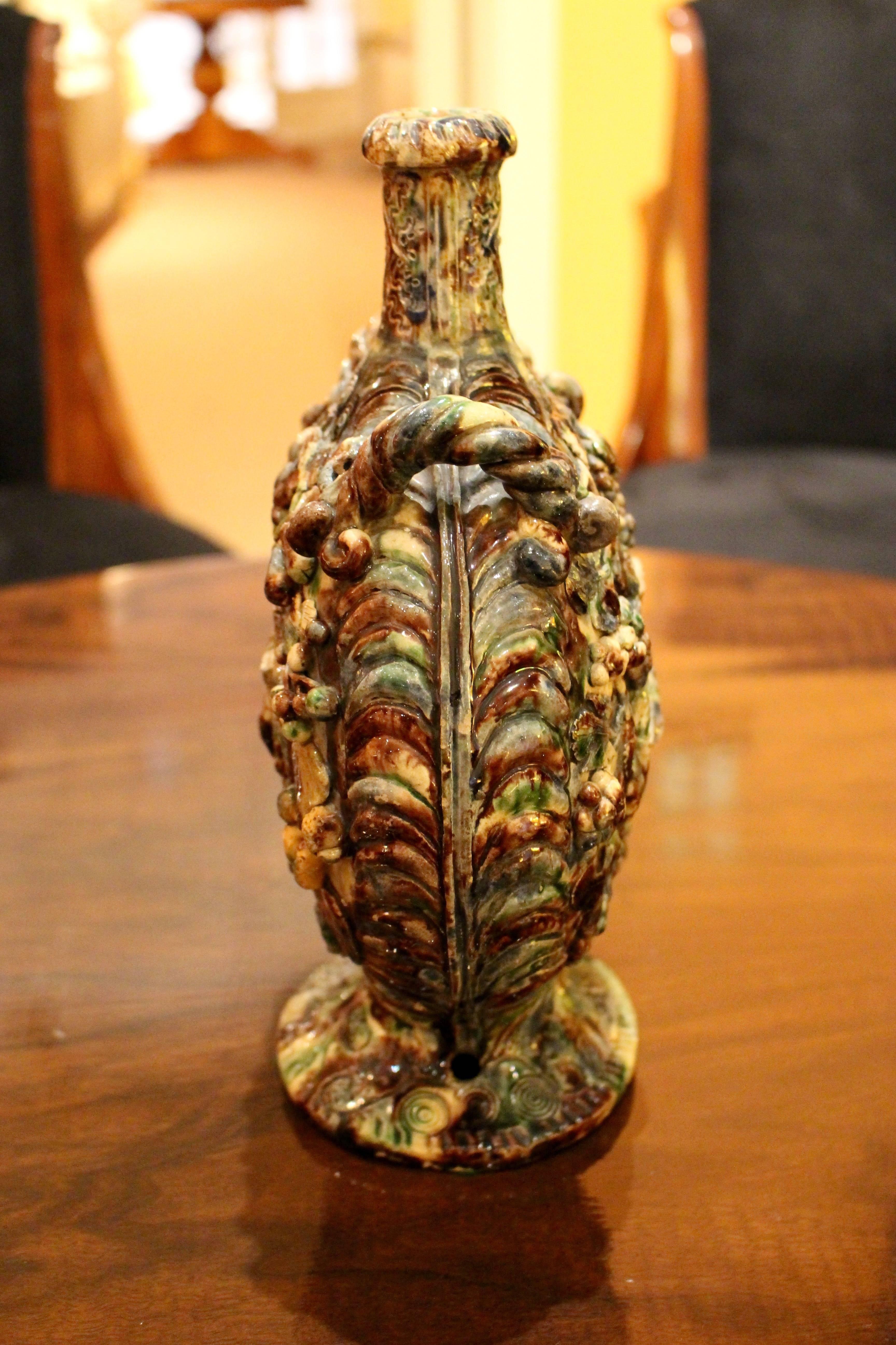 19th Century Italian Rustic Faience Vase of Flattened Circular Form with Molded Decoration For Sale