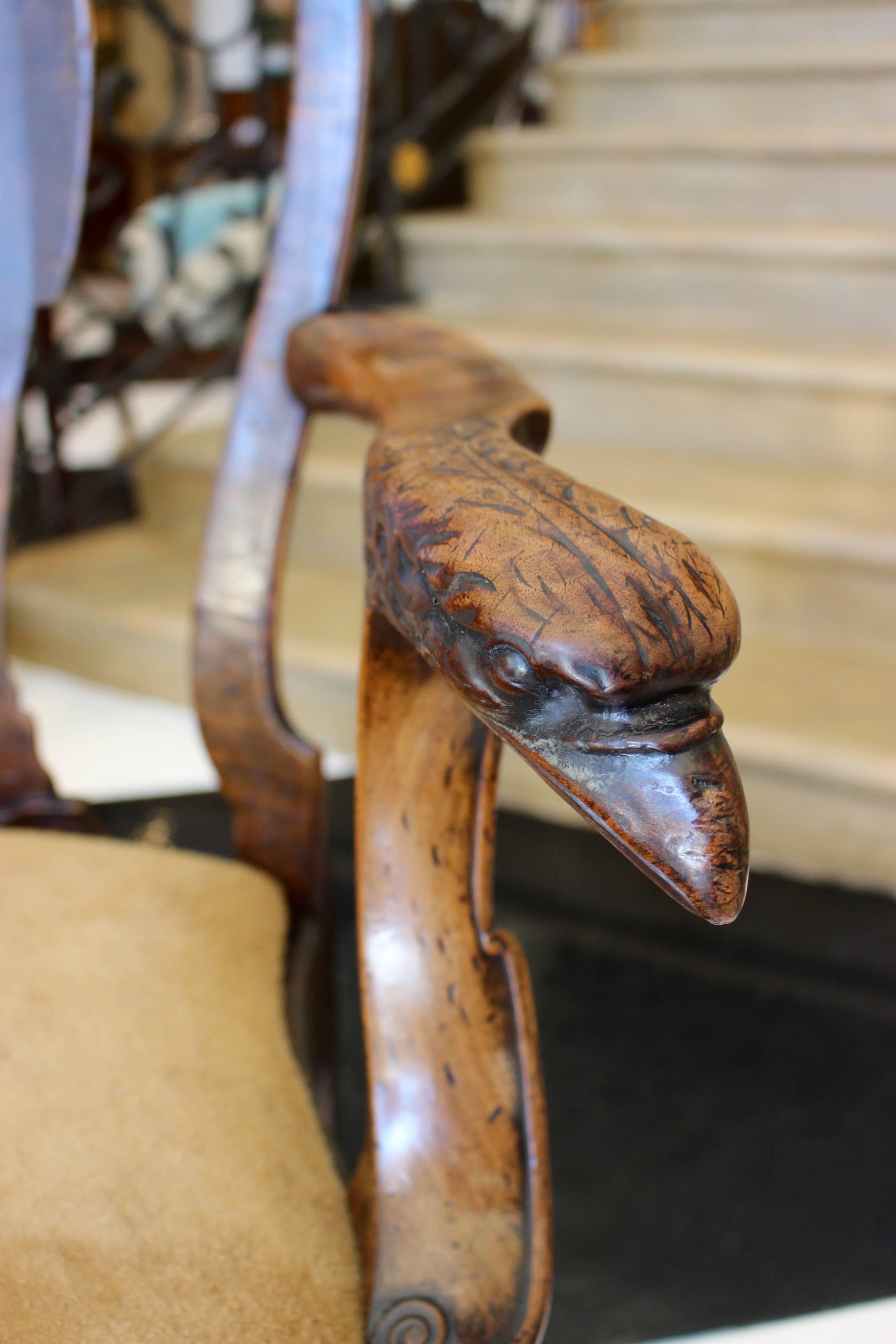 18th Century Pair of English George III 1730s Stamped Burl Walnut Armchairs with Eagle Heads For Sale