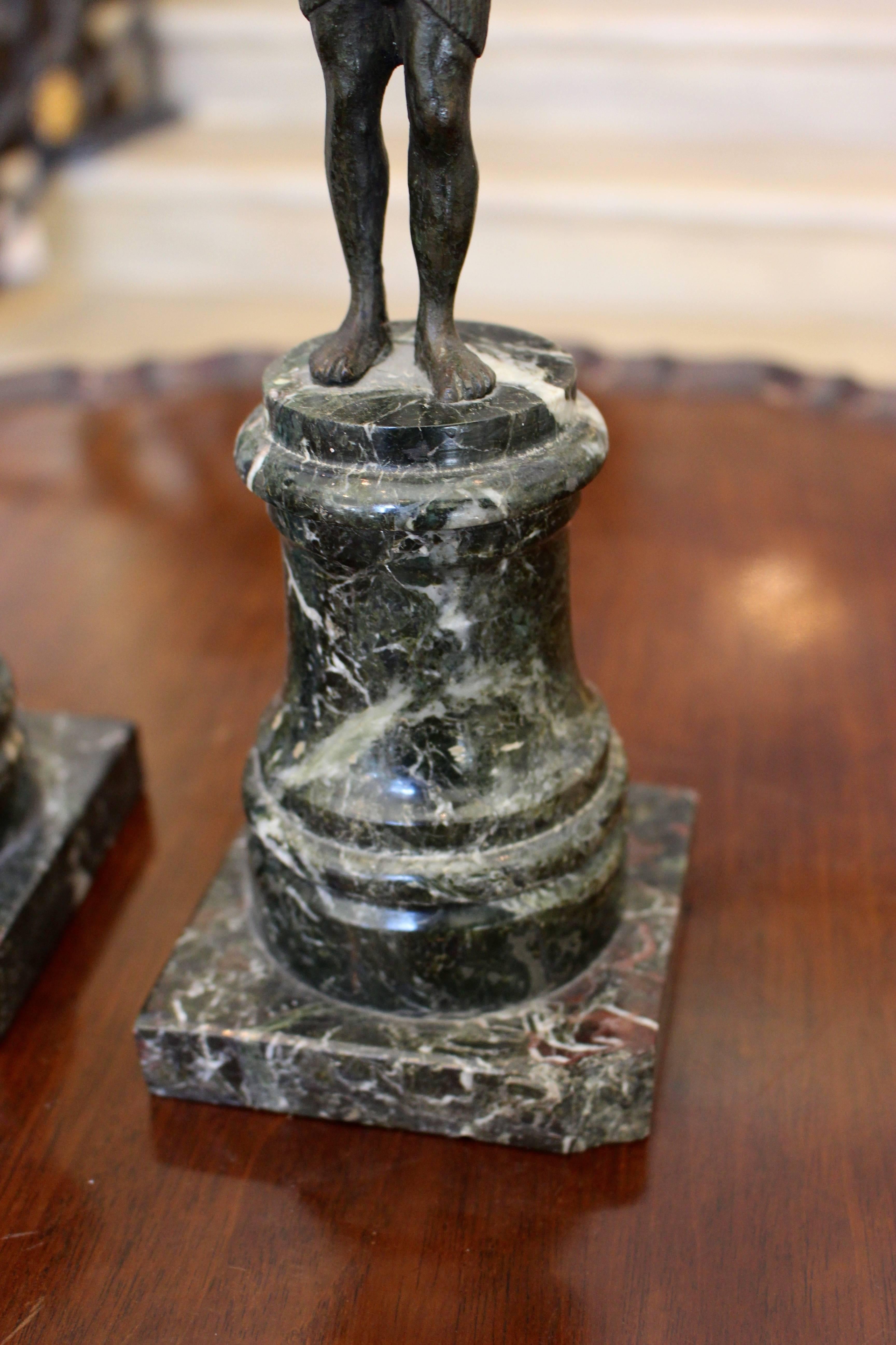 Pair of 19th Century Green Marble Egyptian Style Candlesticks with God Figure For Sale 3