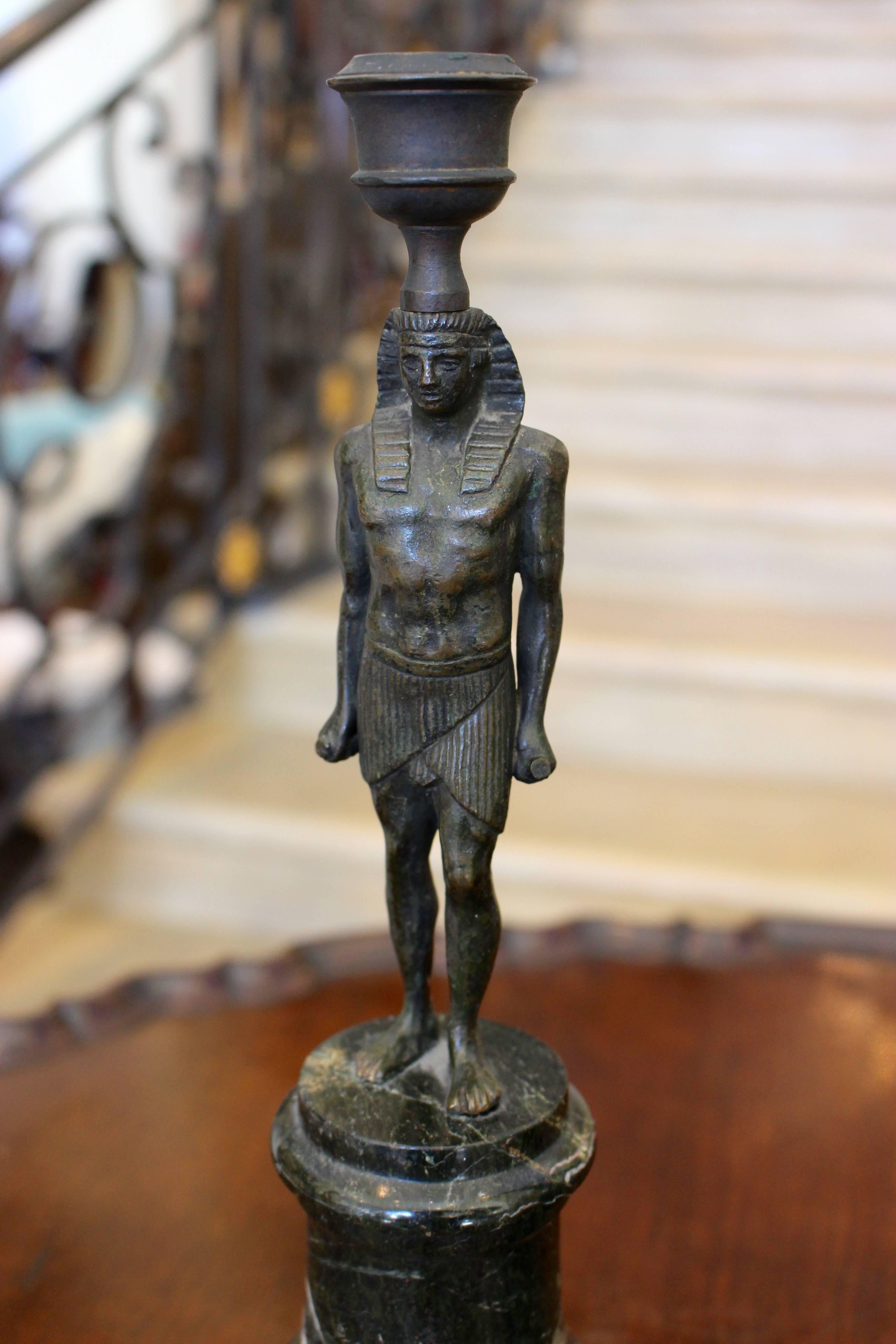 Pair of 19th Century Green Marble Egyptian Style Candlesticks with God Figure In Good Condition For Sale In Palm Desert, CA