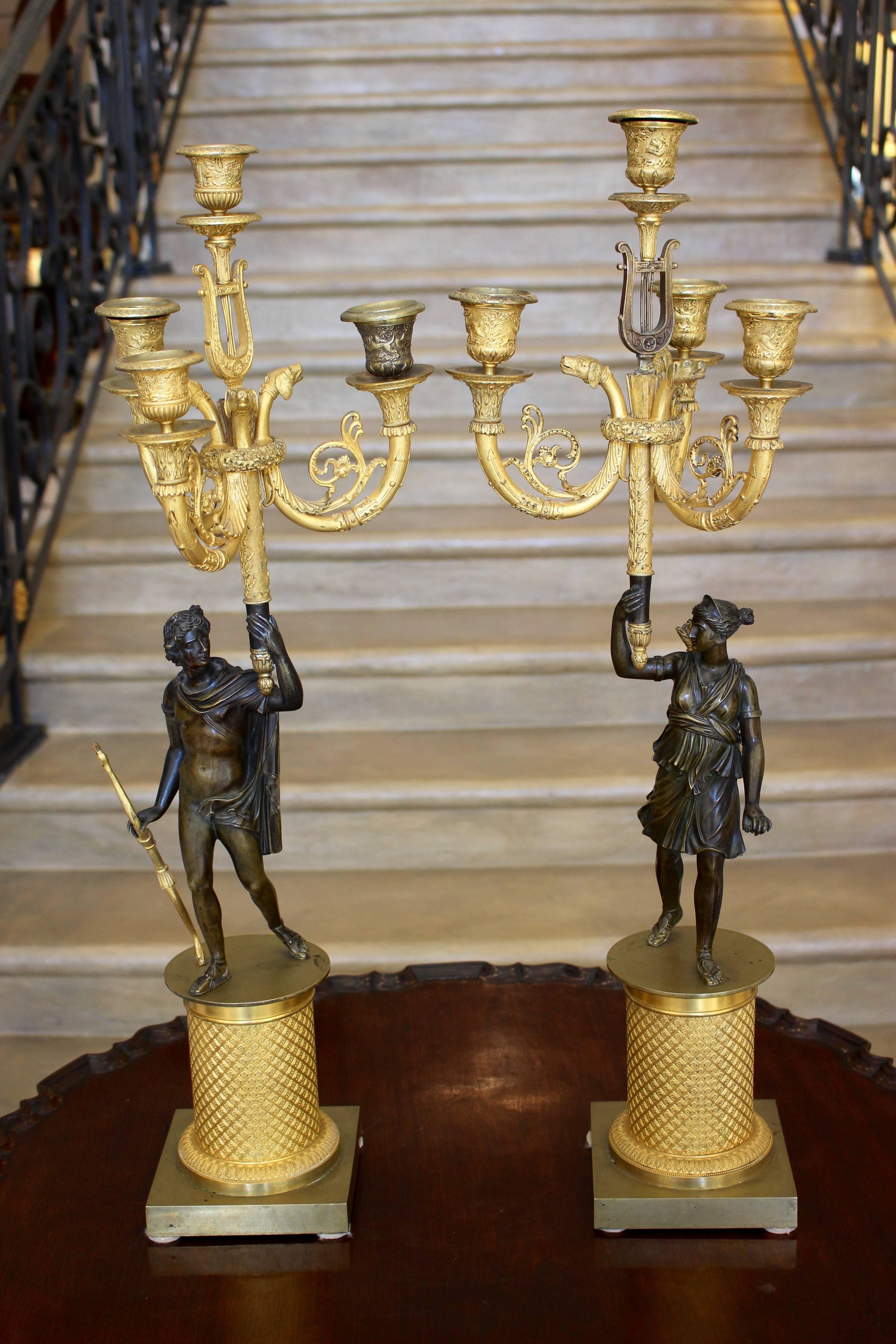 Pair of French Charles X Period Ormolu and Painted Bronze Four-Light Candelabra For Sale 6