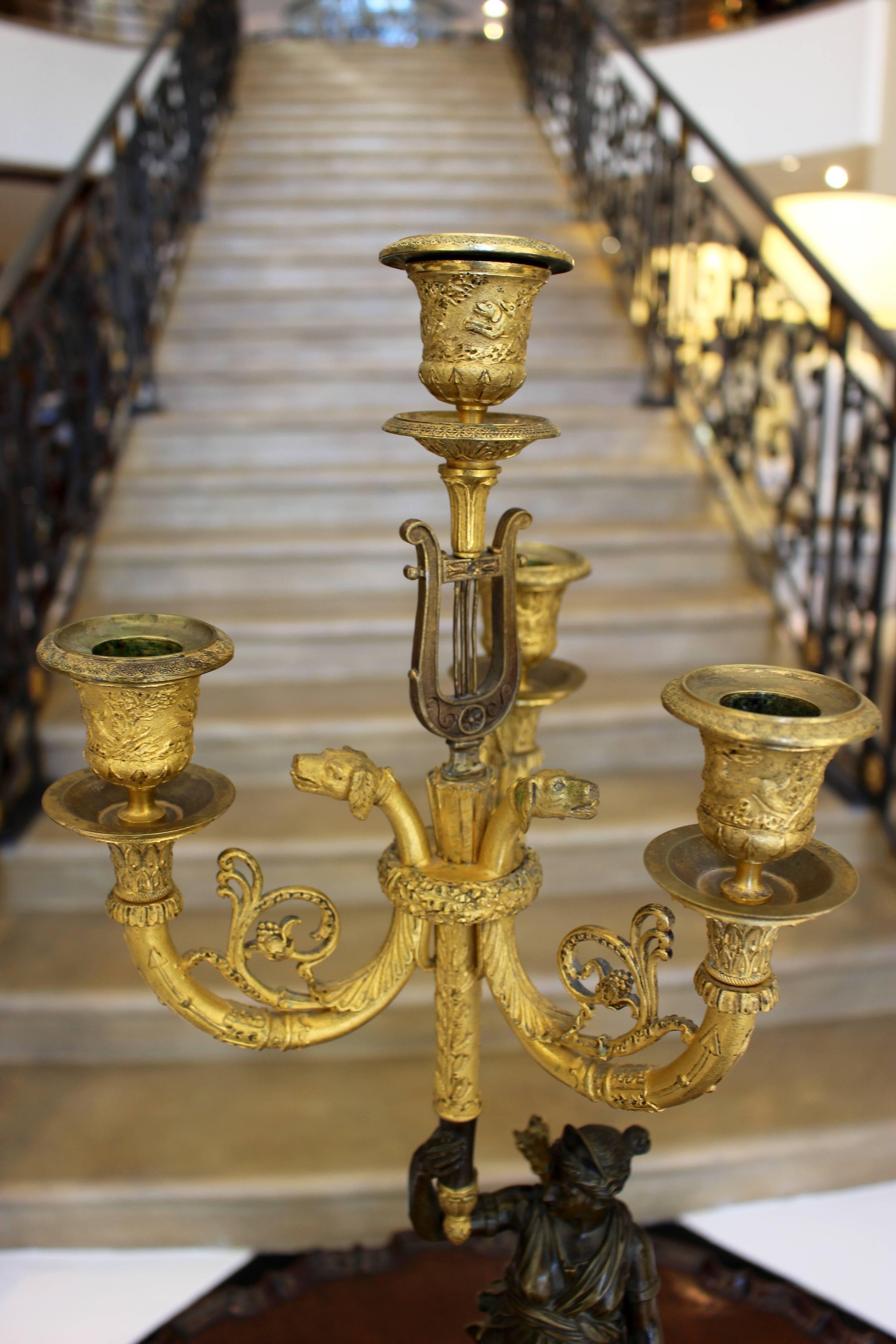 Pair of French Charles X Period Ormolu and Painted Bronze Four-Light Candelabra For Sale 4