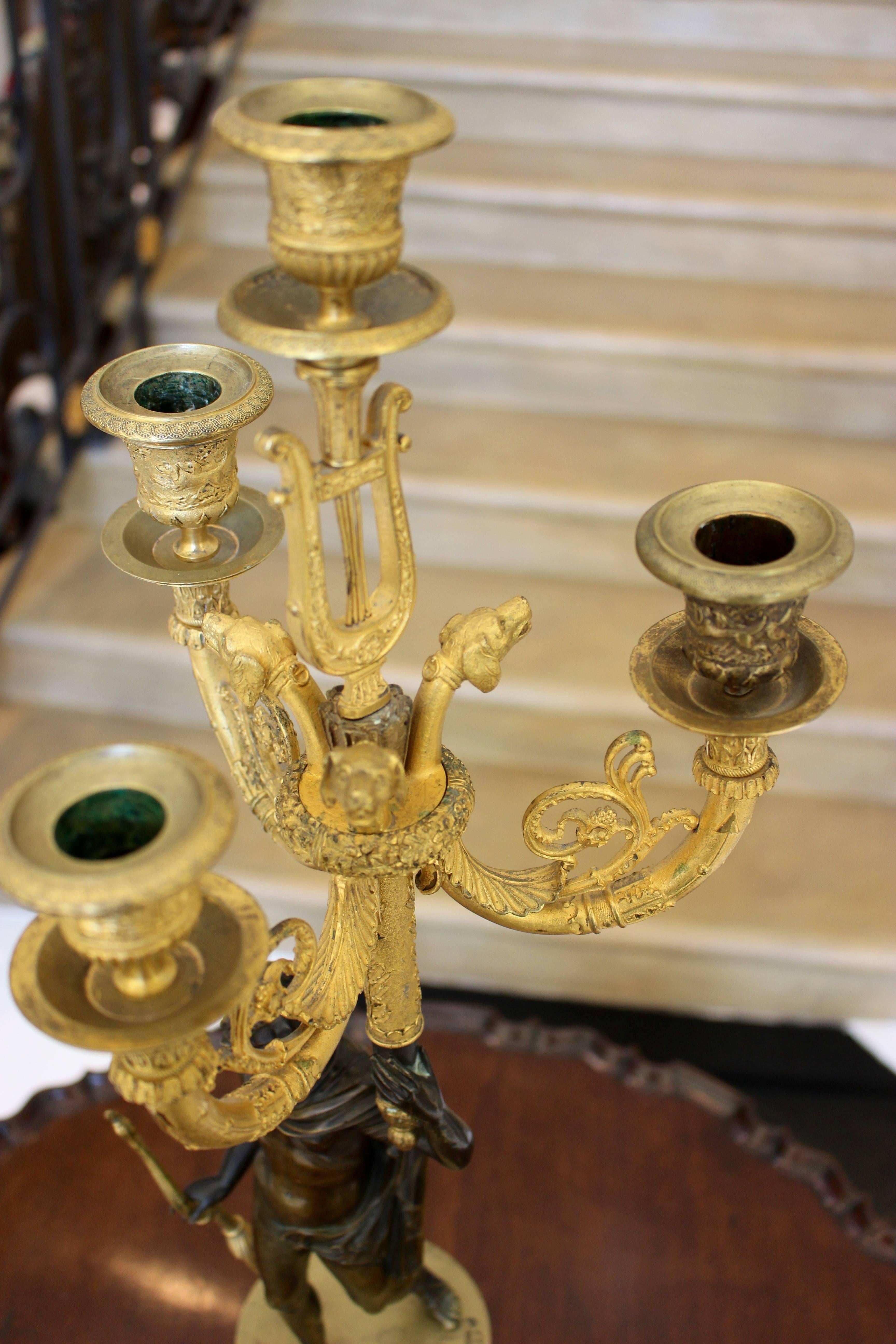 Pair of French Charles X Period Ormolu and Painted Bronze Four-Light Candelabra In Good Condition For Sale In Palm Desert, CA