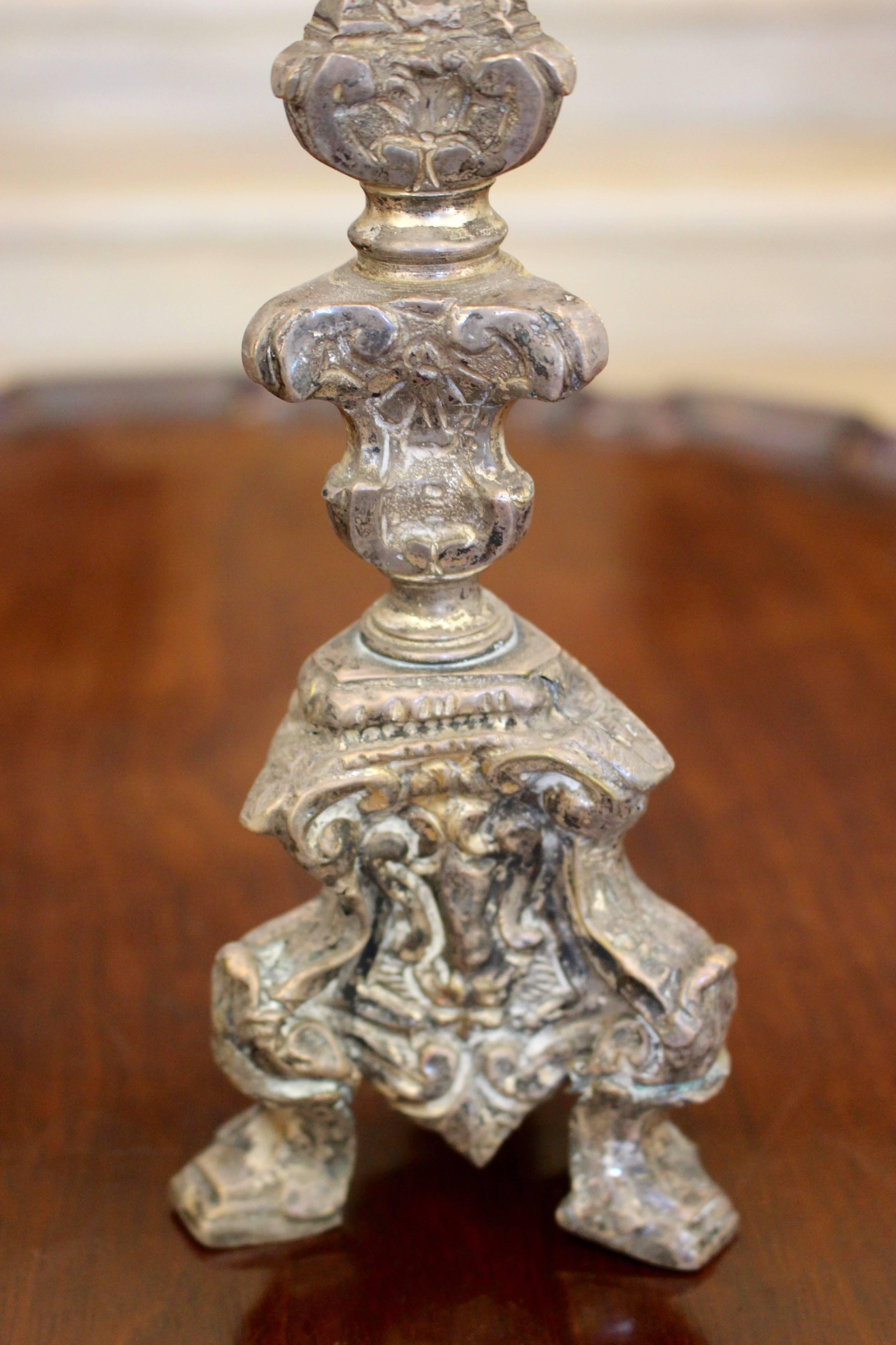 European Mid-17th Century Pair of Baroque Period Silvered Brass Pricket Candlesticks