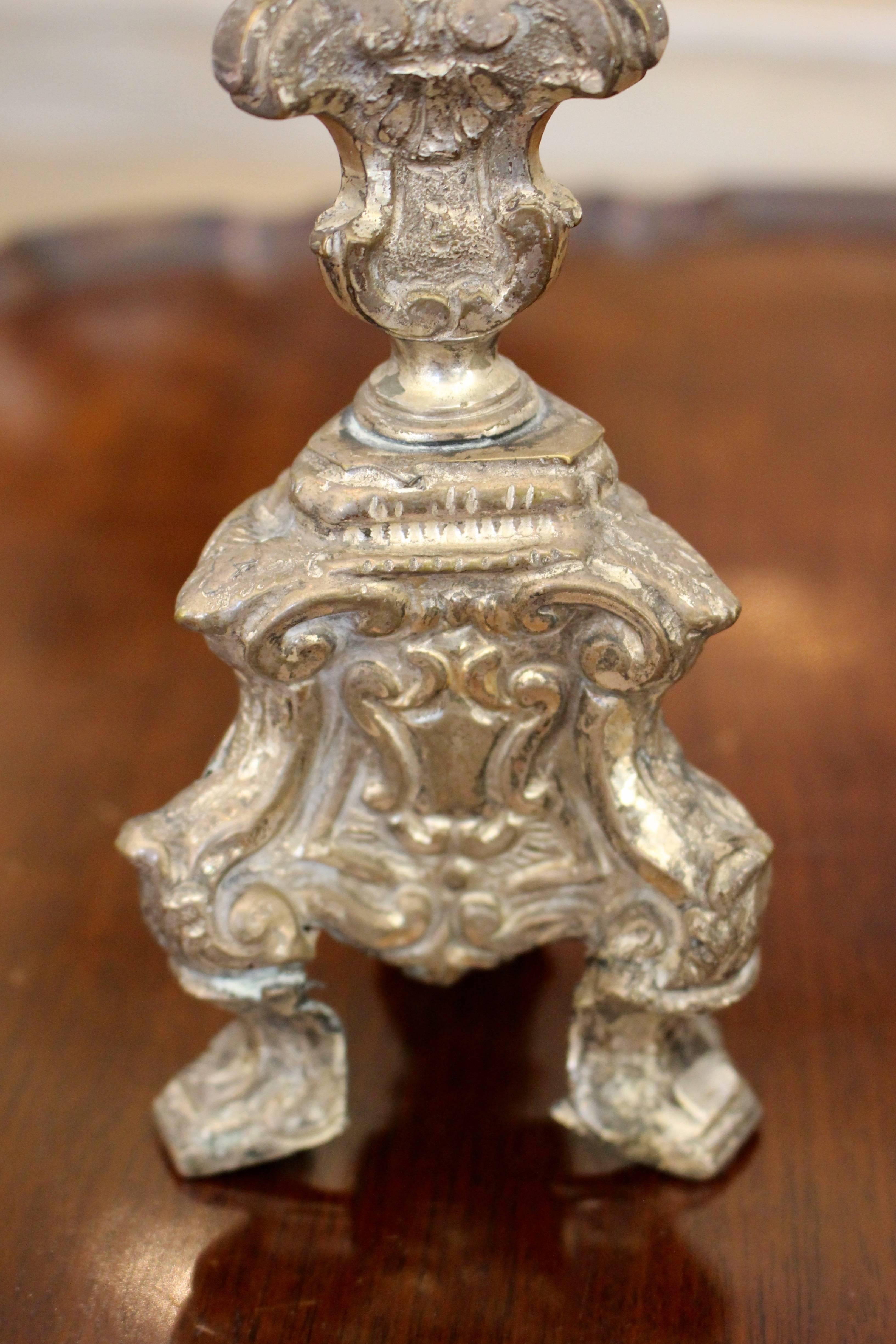 18th Century and Earlier Mid-17th Century Pair of Baroque Period Silvered Brass Pricket Candlesticks