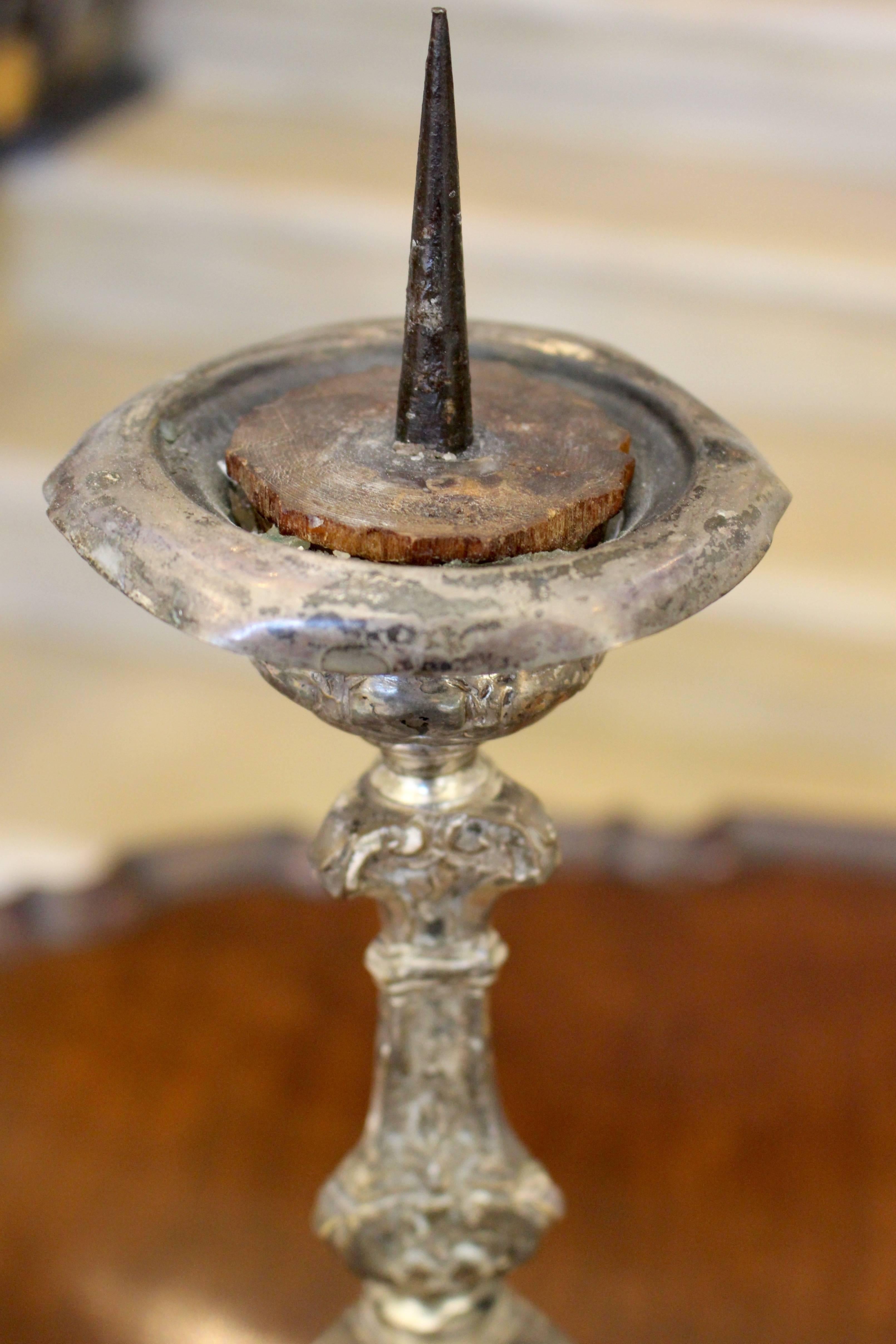 Mid-17th Century Pair of Baroque Period Silvered Brass Pricket Candlesticks In Good Condition In Palm Desert, CA