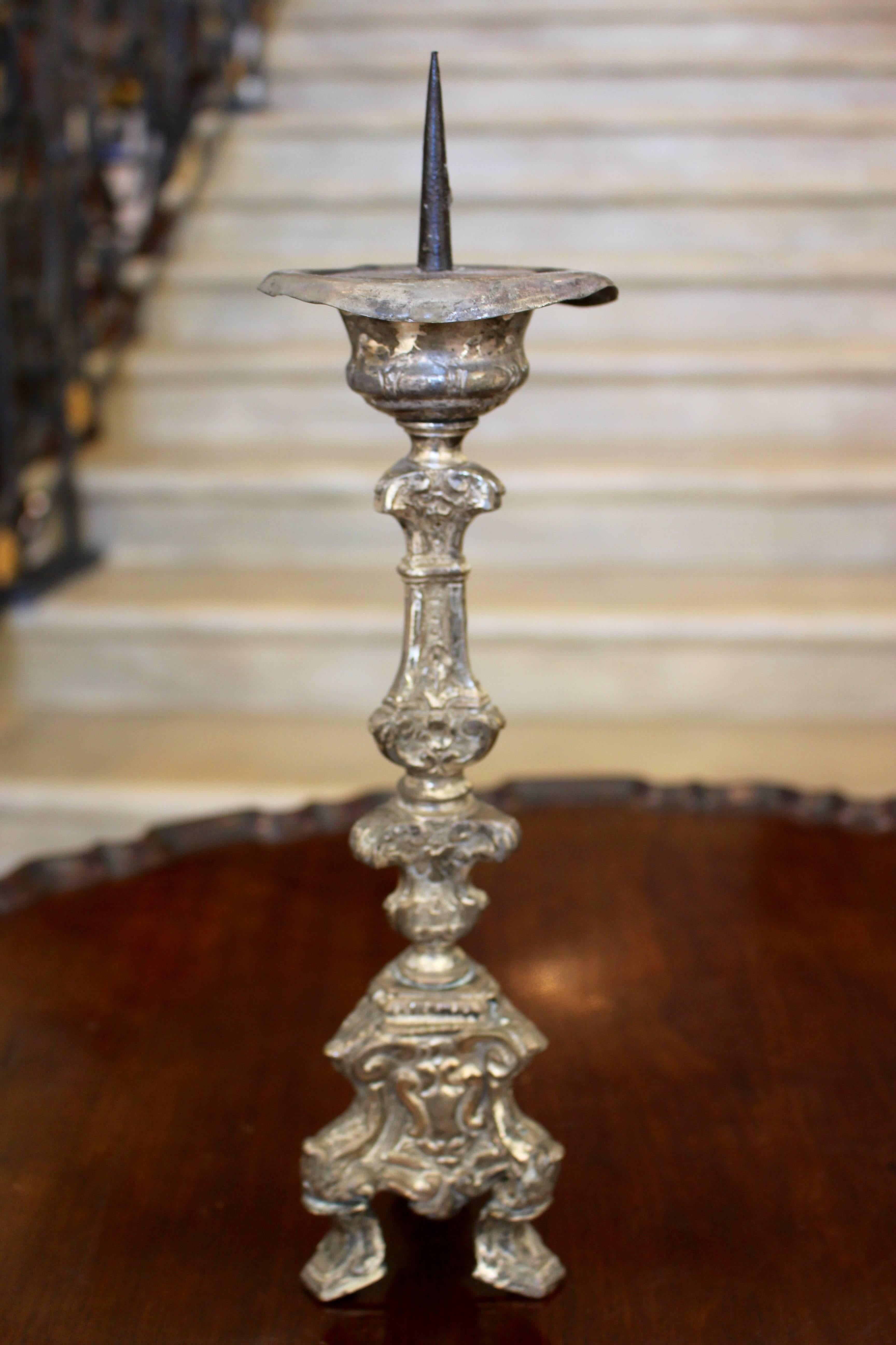 Mid-17th Century Pair of Baroque Period Silvered Brass Pricket Candlesticks 1