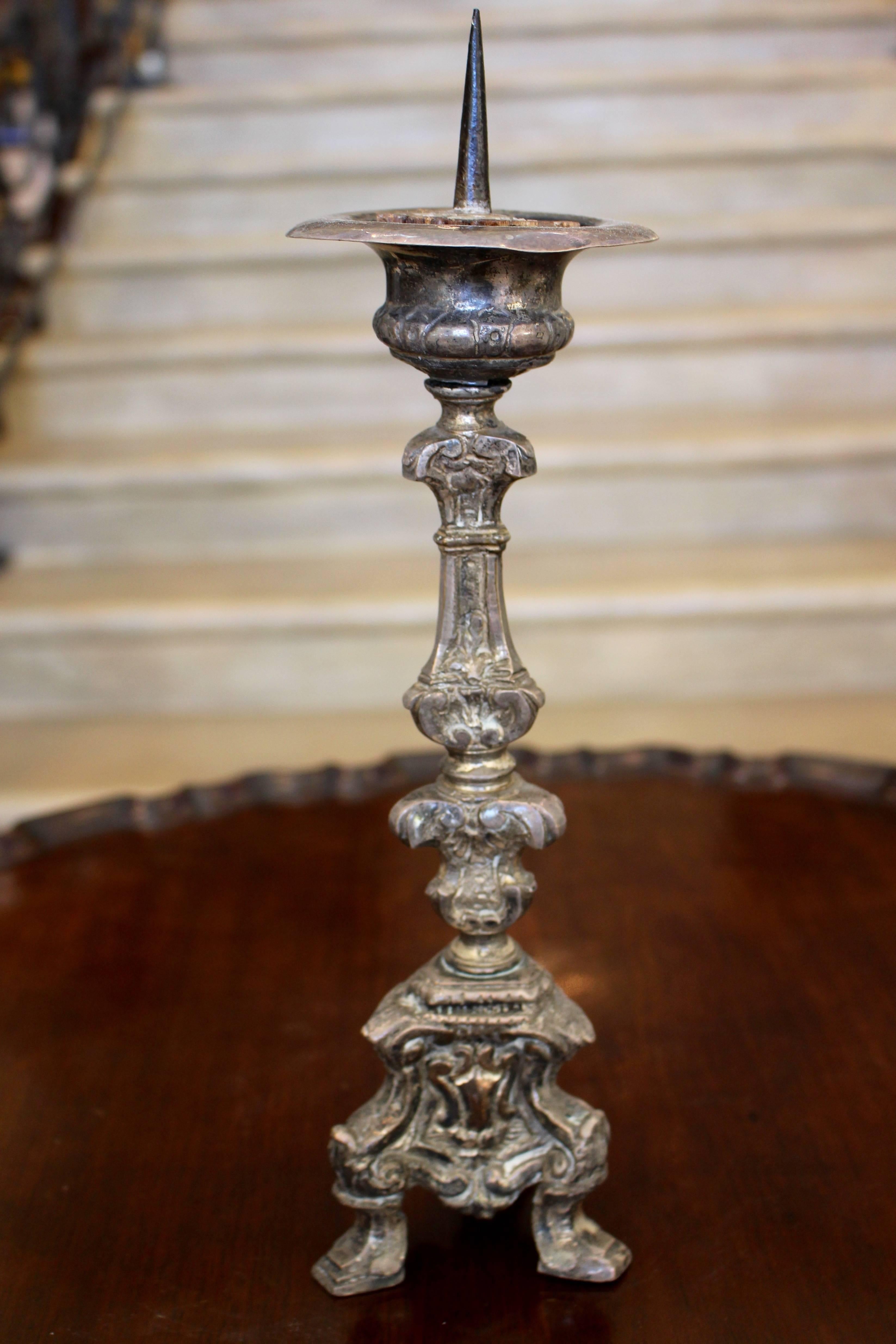 Mid-17th Century Pair of Baroque Period Silvered Brass Pricket Candlesticks 2