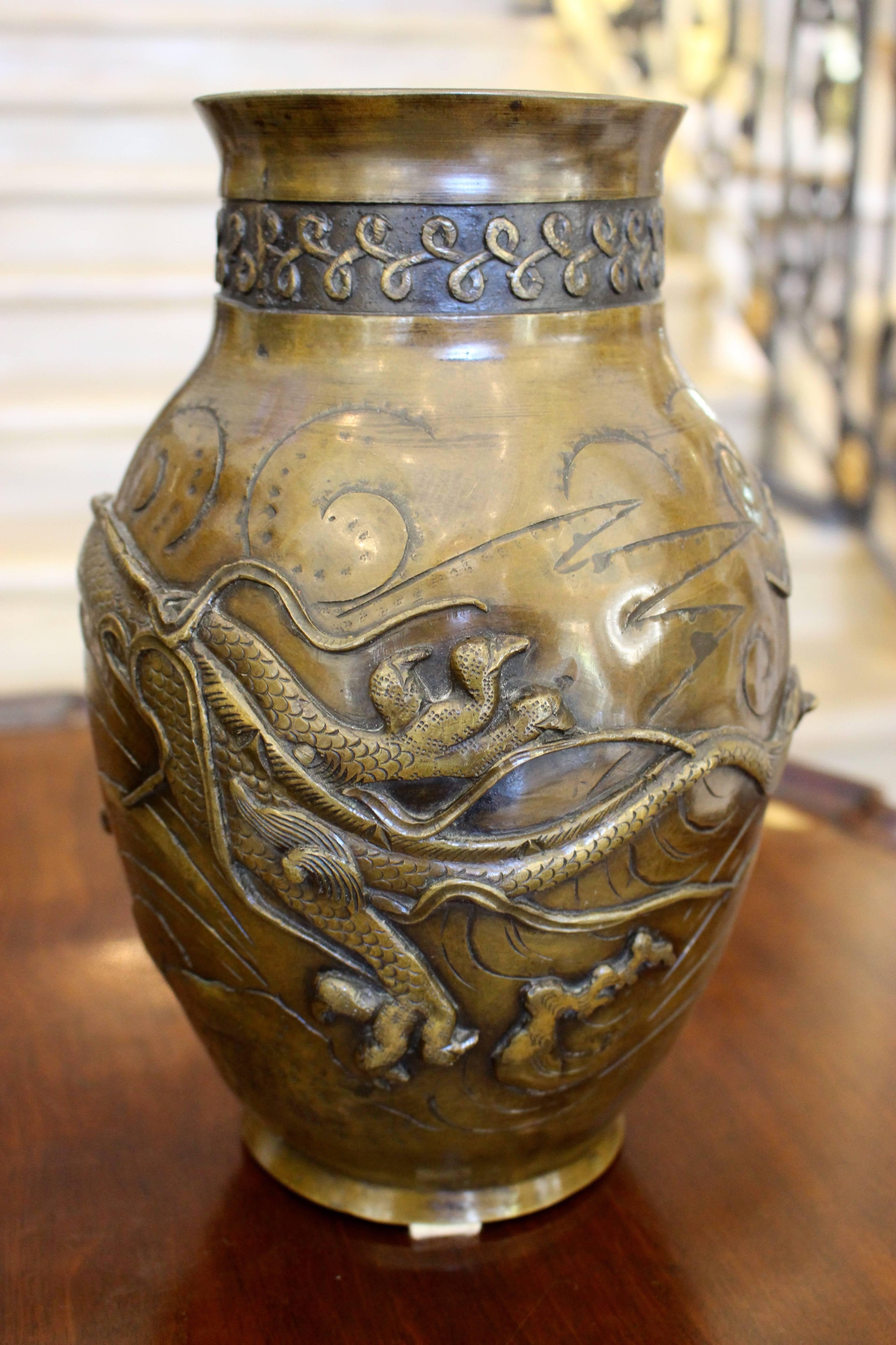 Pair of Japanese Bronze Vases Finely Cast with High Relief Dragon Figures In Good Condition For Sale In Palm Desert, CA