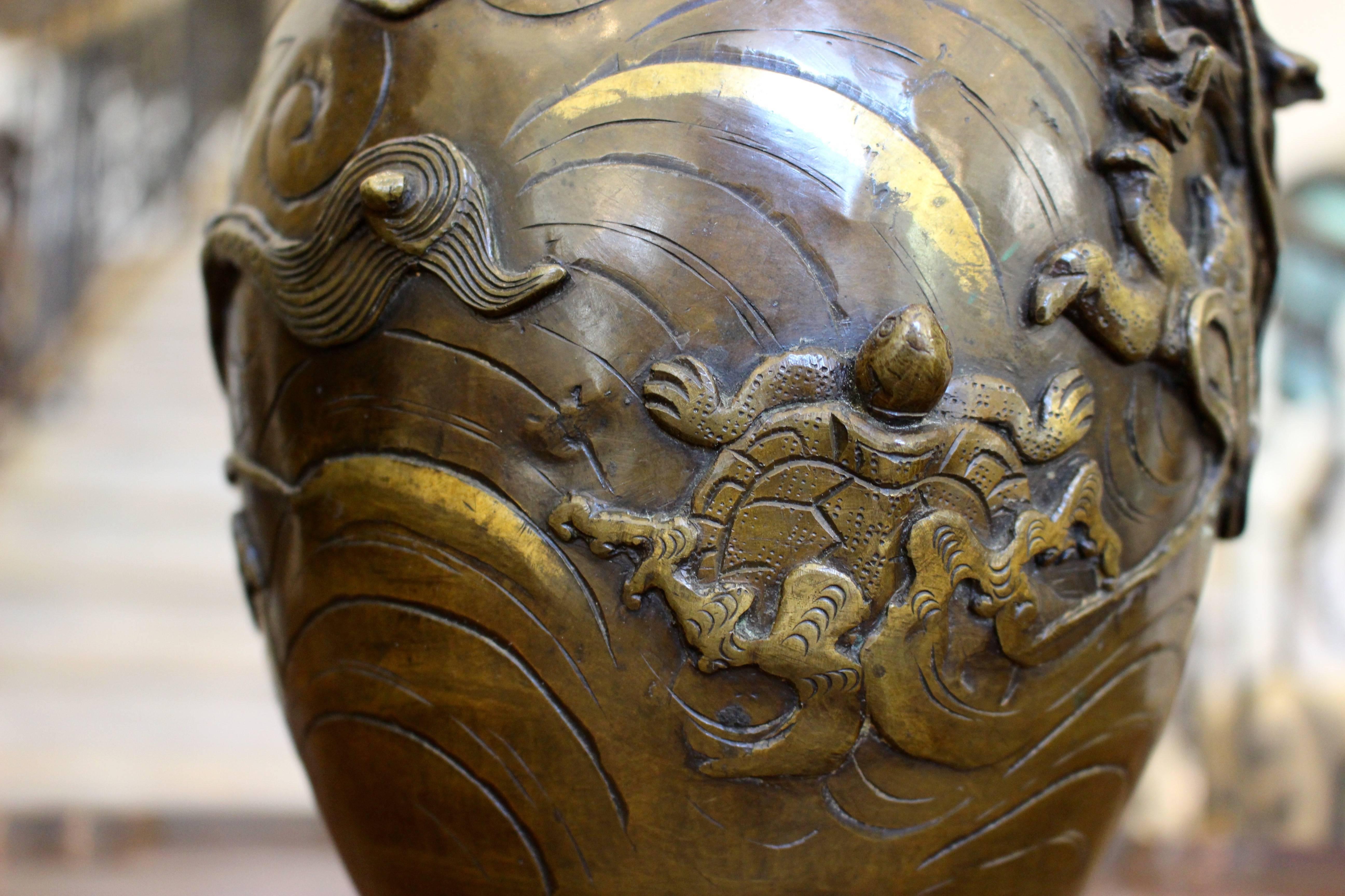 Pair of Japanese Bronze Vases Finely Cast with High Relief Dragon Figures For Sale 2