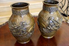 Pair of Japanese Bronze Vases Finely Cast with High Relief Dragon Figures
