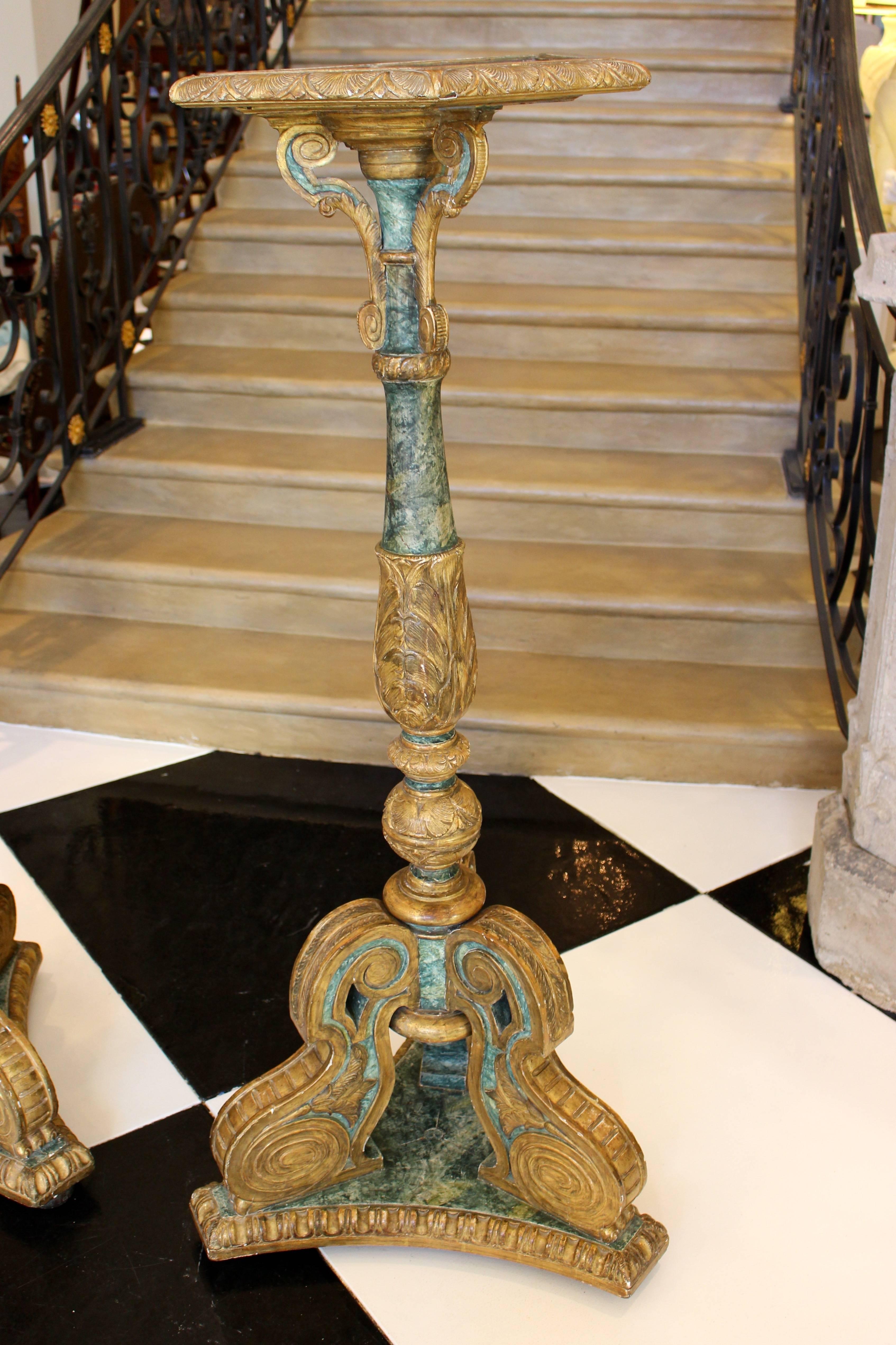 Baroque Pair of South European Faux Marble Painted and Parcel-Gilt Wooden Torchères For Sale