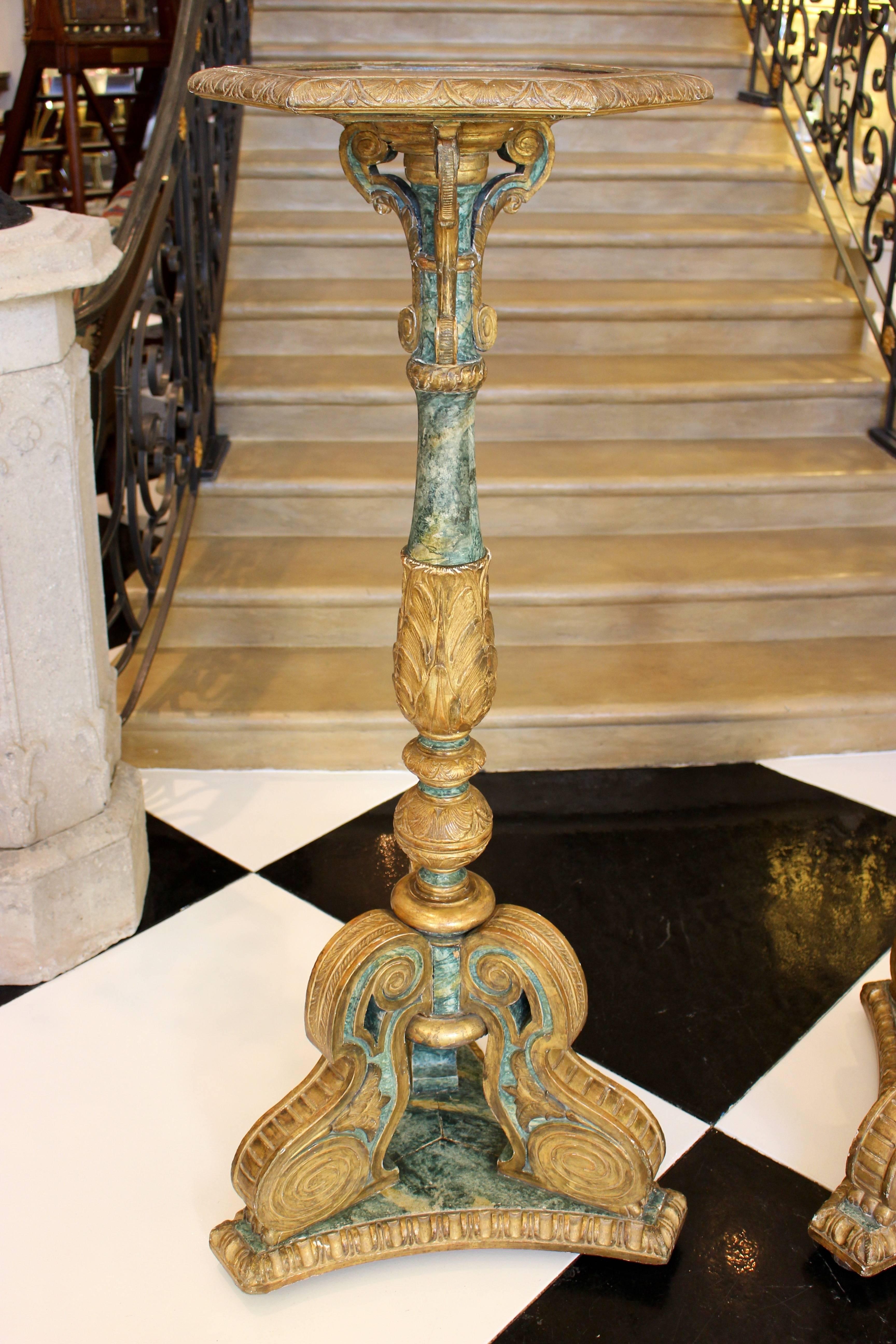 Carved Pair of South European Faux Marble Painted and Parcel-Gilt Wooden Torchères For Sale