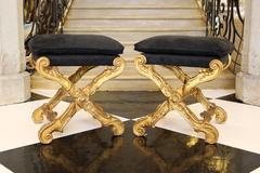 Contemporary Pair of Louis XV Style Giltwood X-Shaped Upholstered Folding Stools