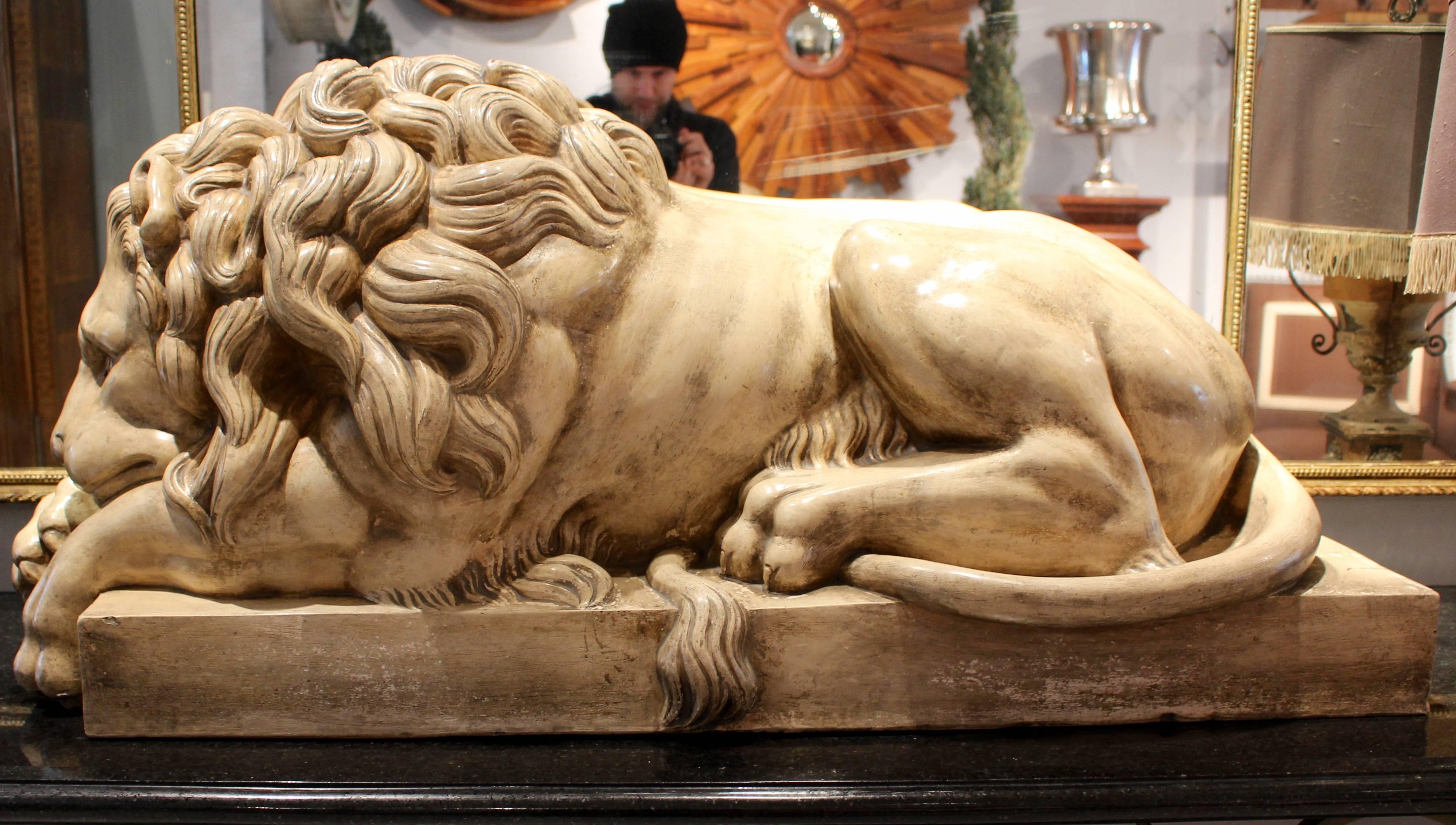 Glazed Pair of Large Italian Mid-20th Century Terracotta Lion Sculptures after Canova