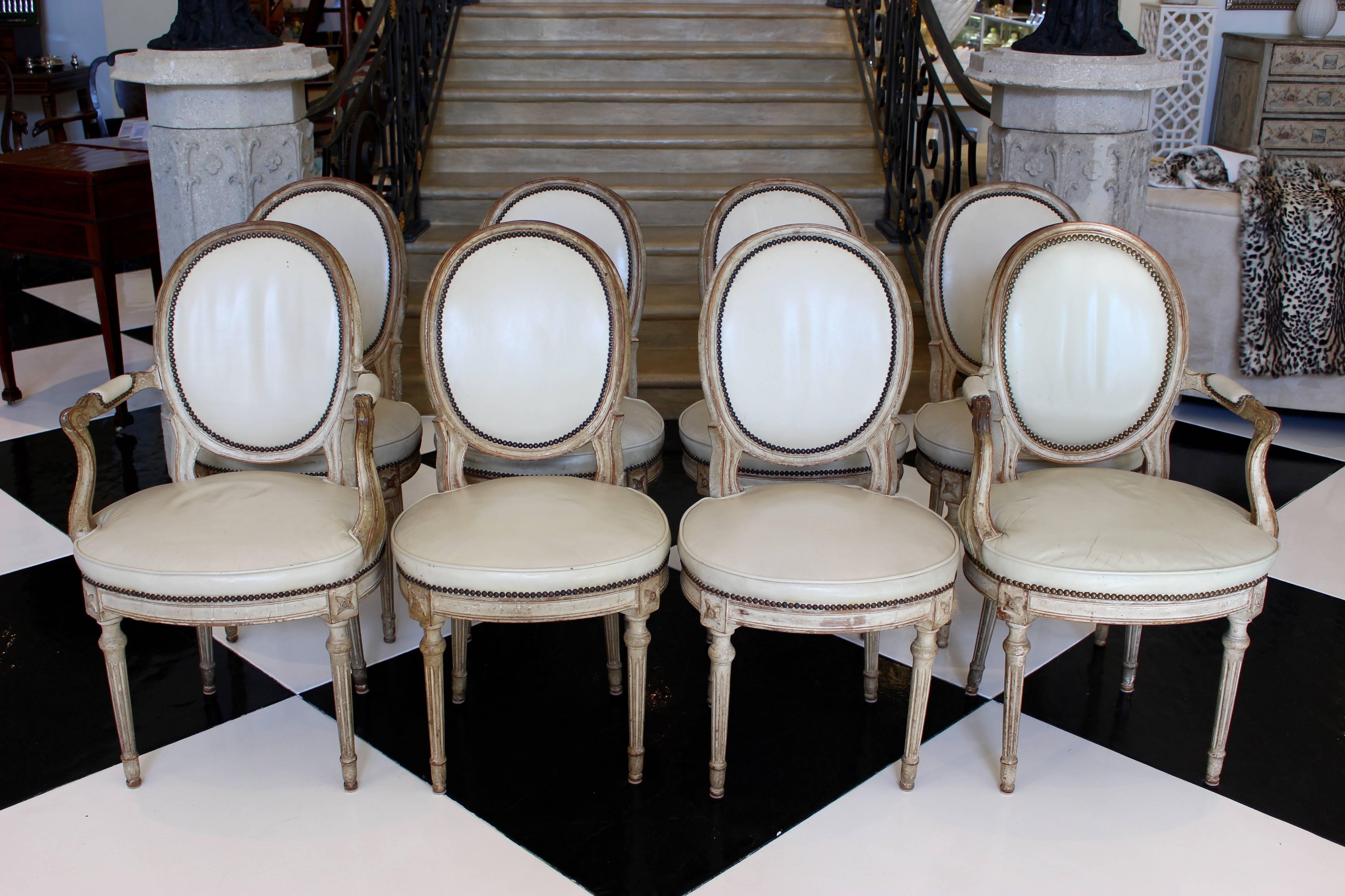 Set of Eight French Late Louis XVI Style Dining Chairs with Leather Upholstery 3