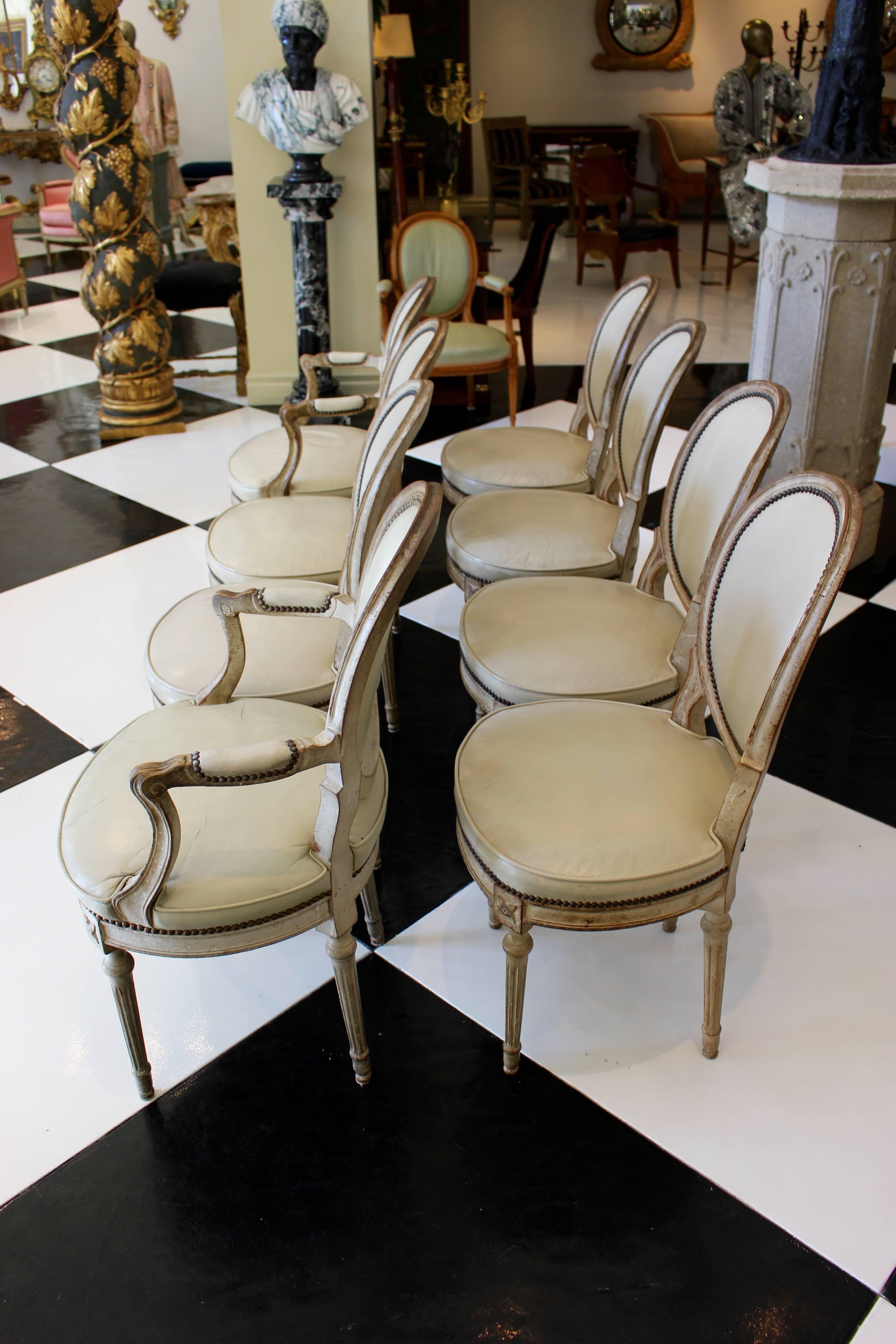 Set of Eight French Late Louis XVI Style Dining Chairs with Leather Upholstery 4
