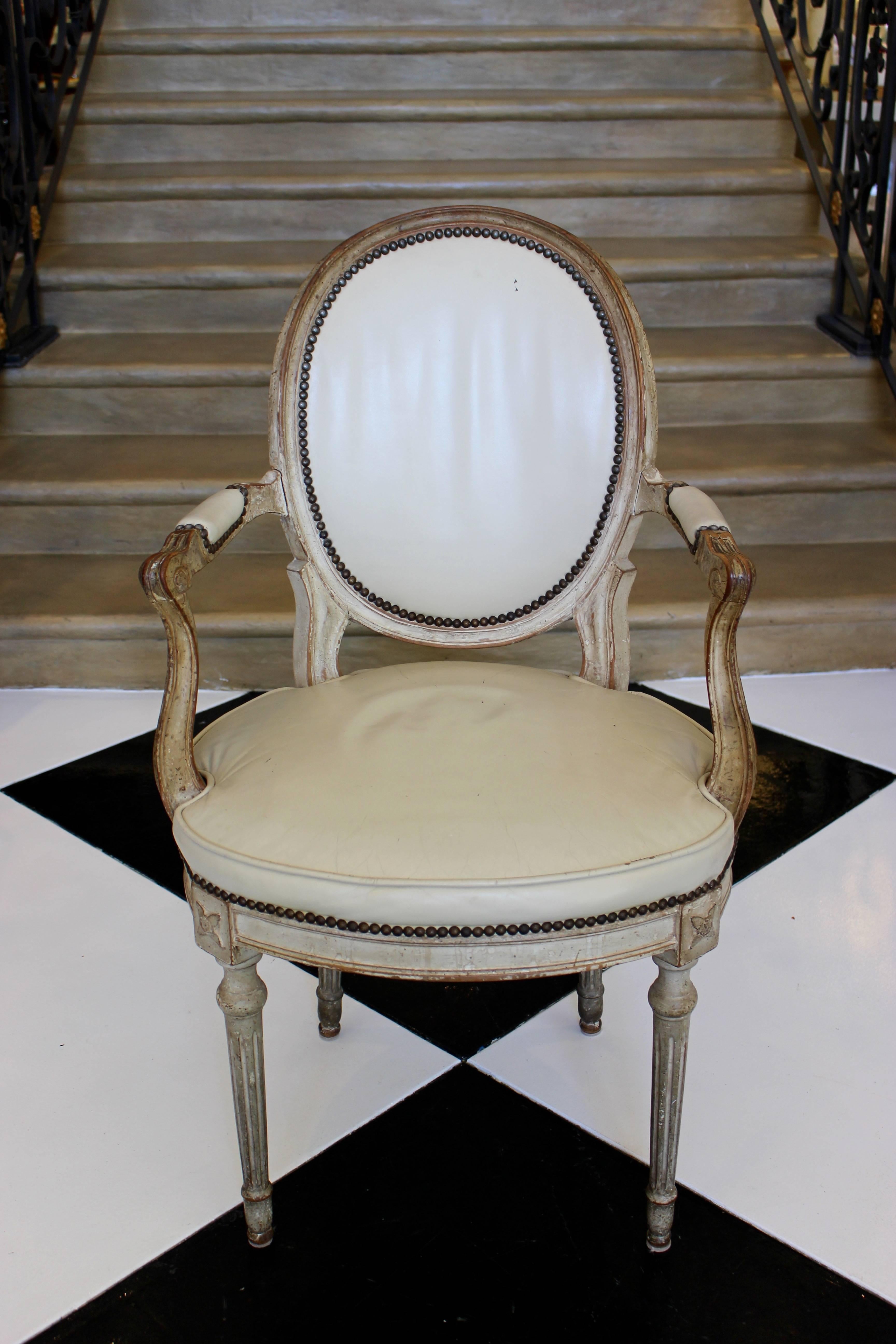 Set of Eight French Late Louis XVI Style Dining Chairs with Leather Upholstery In Good Condition In Palm Desert, CA
