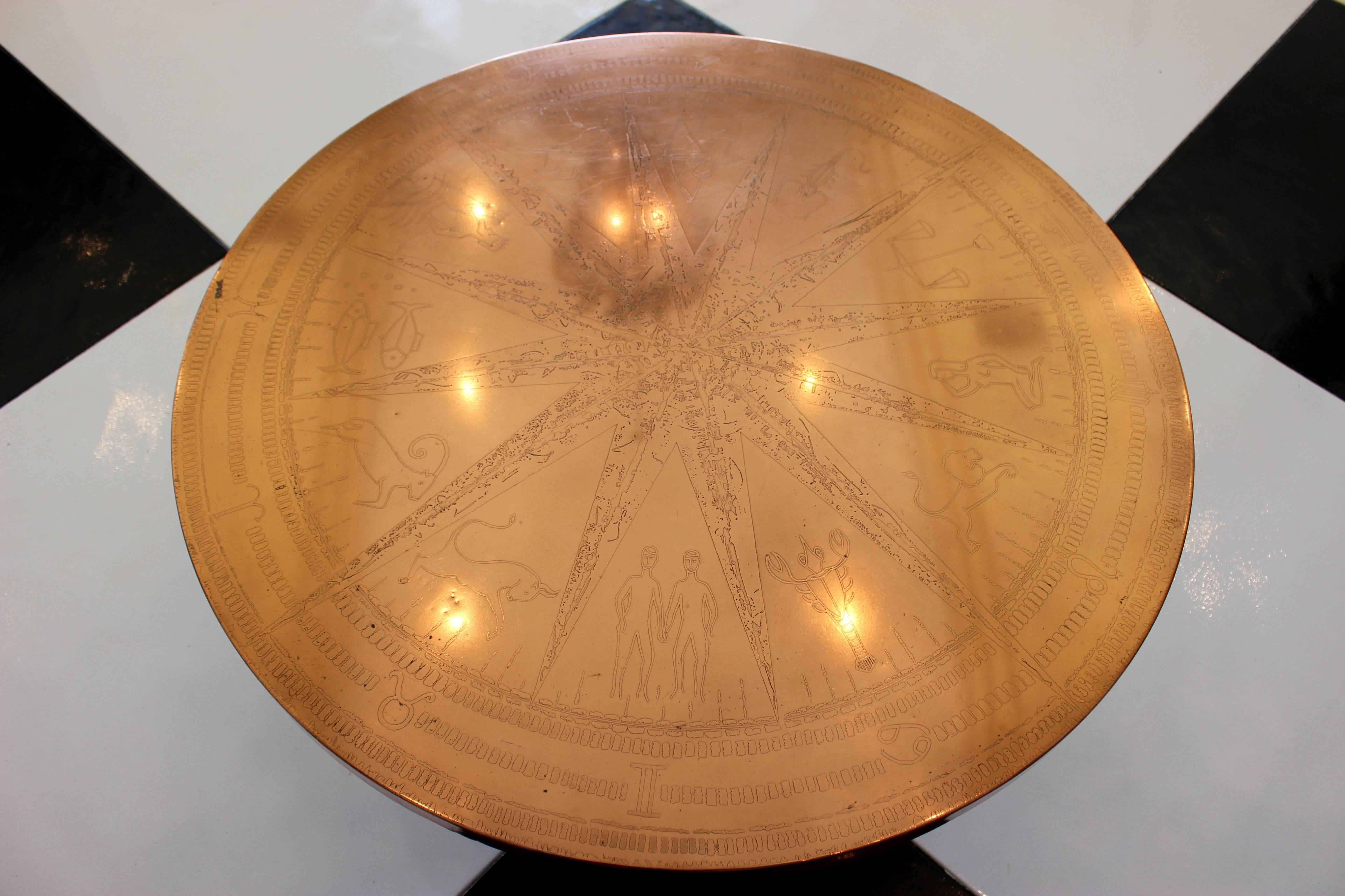 French 1900s Copper Coffee Table with Astrological Motifs and Chrome Pedestal In Good Condition For Sale In Palm Desert, CA