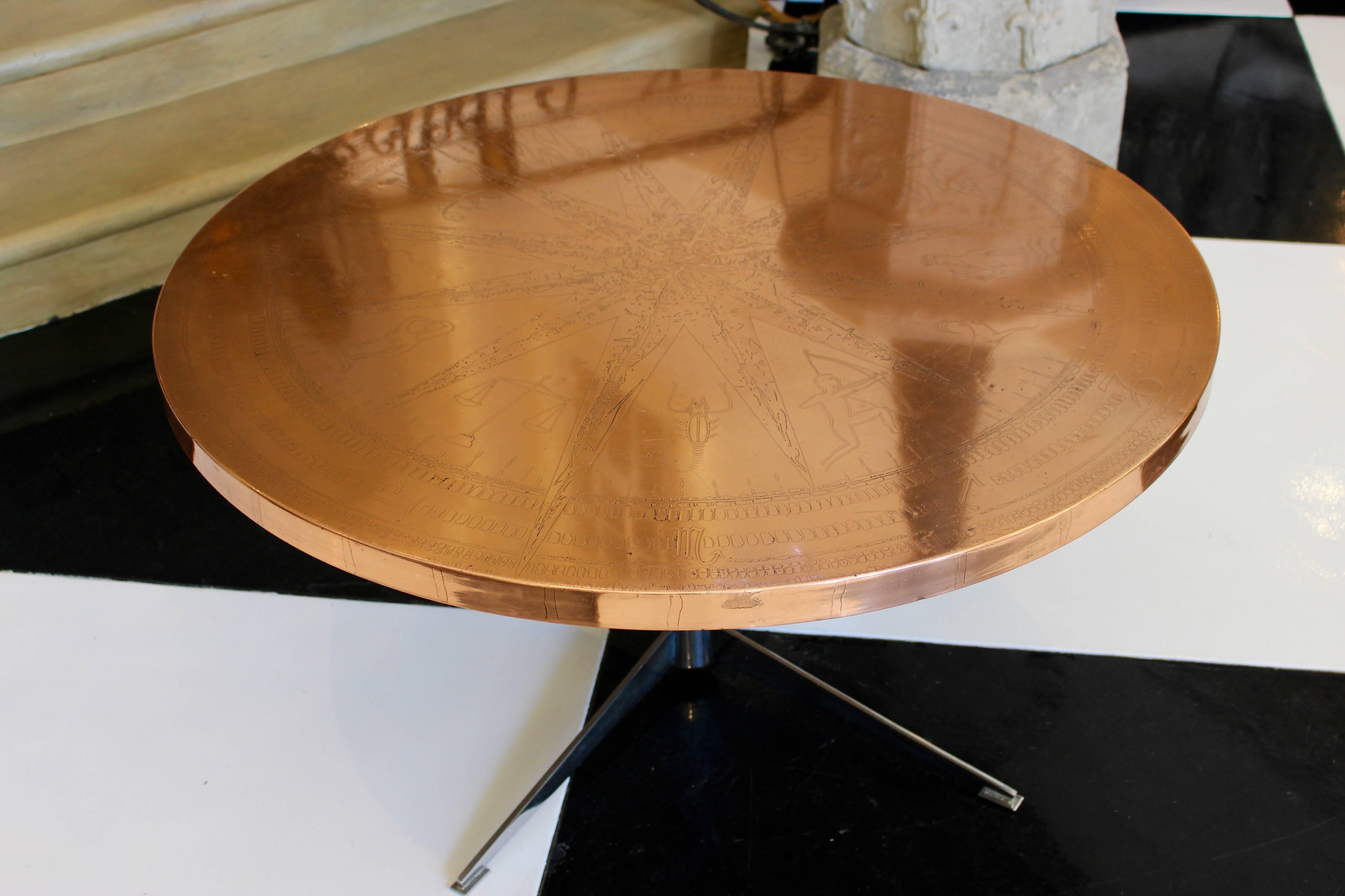 French 1900s Copper Coffee Table with Astrological Motifs and Chrome Pedestal For Sale 2