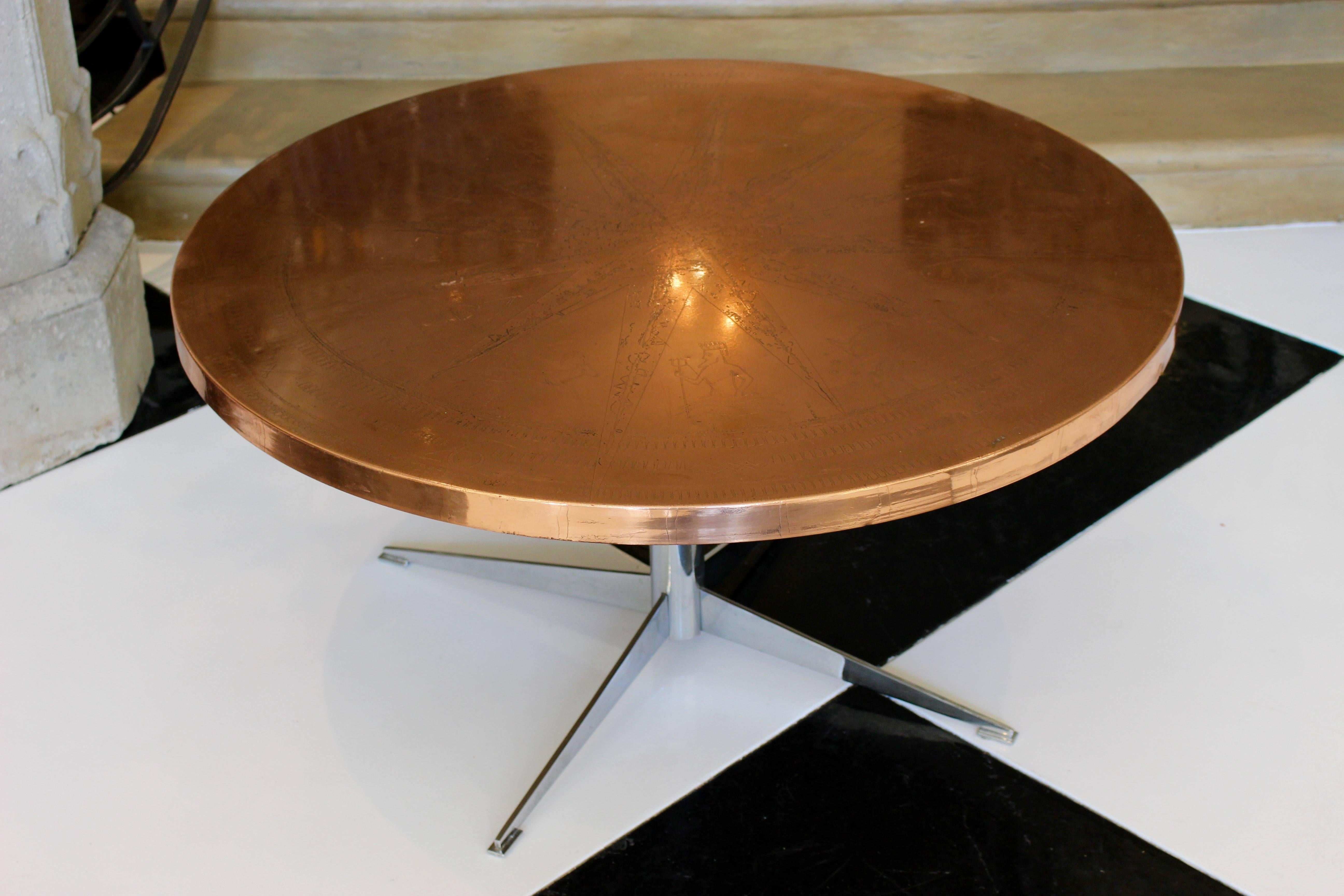 20th Century French 1900s Copper Coffee Table with Astrological Motifs and Chrome Pedestal For Sale