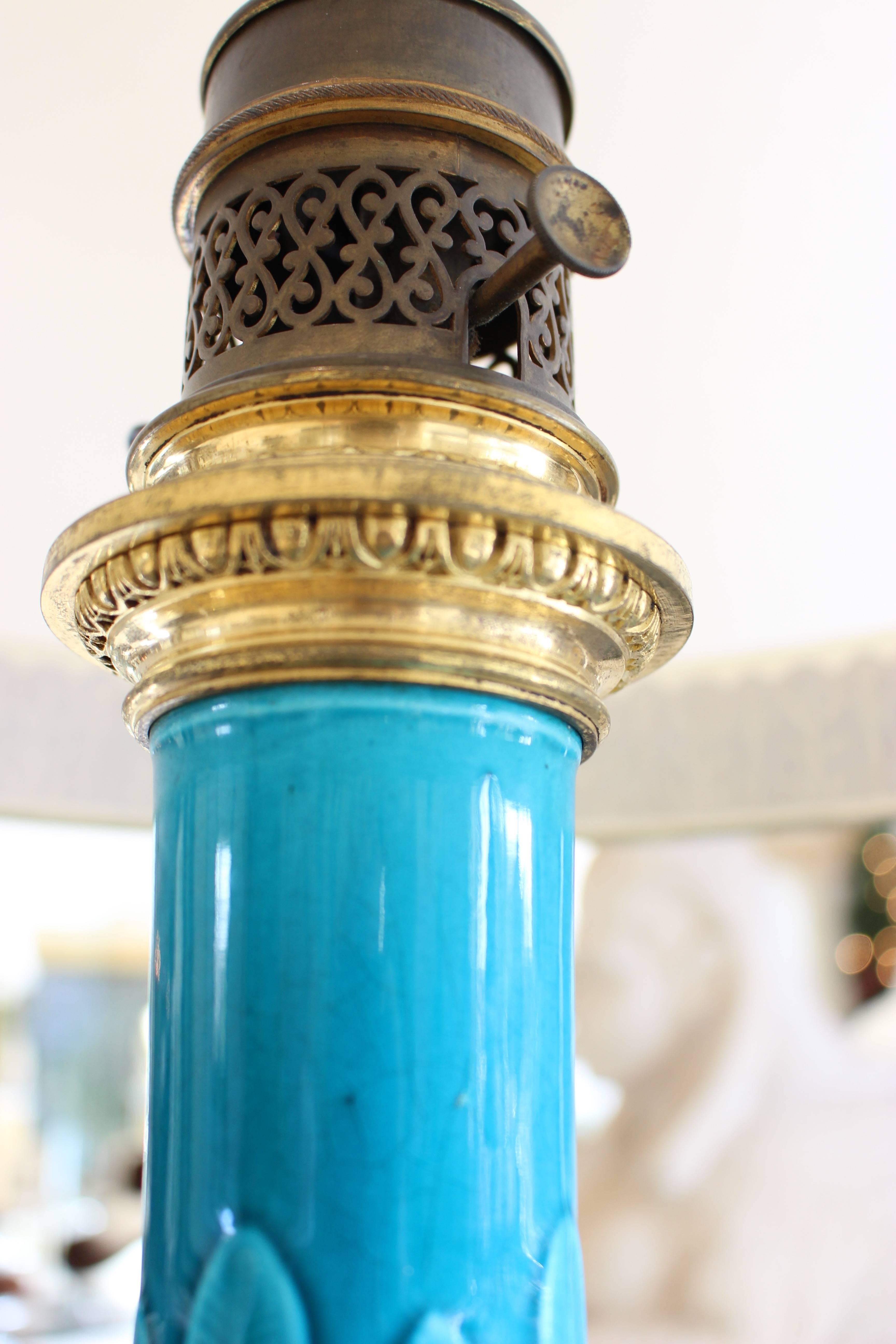 19th Century Pair of Ormolu-Mounted Theodore Deck Faience Persian-Blue Vases with Lampshades For Sale