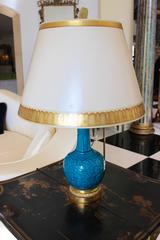 Coppia di vasi Theodore Deck in faience persiano-blu con paralume e montatura in ormù