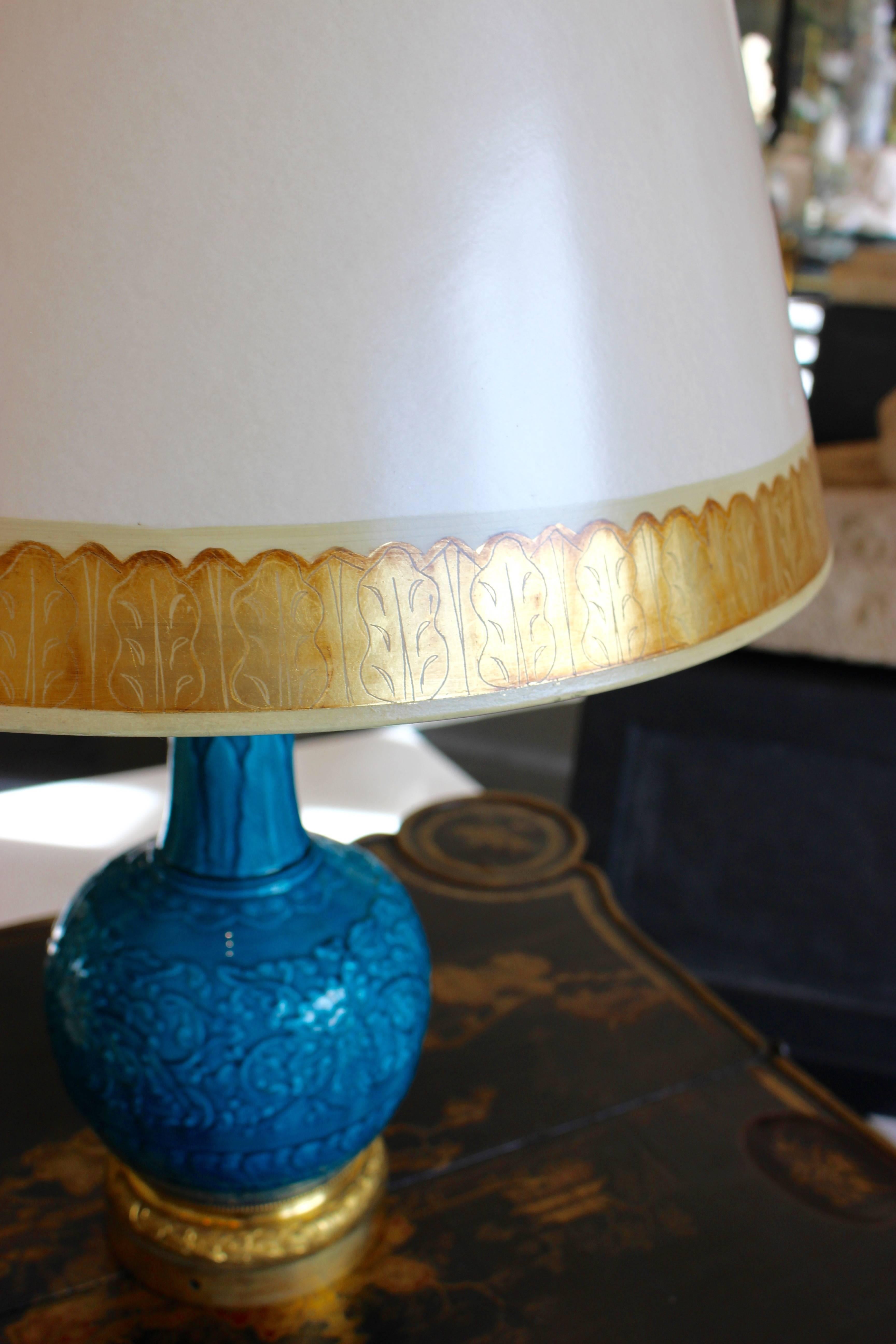 Pair of Ormolu-Mounted Theodore Deck Faience Persian-Blue Vases with Lampshades In Good Condition For Sale In Palm Desert, CA
