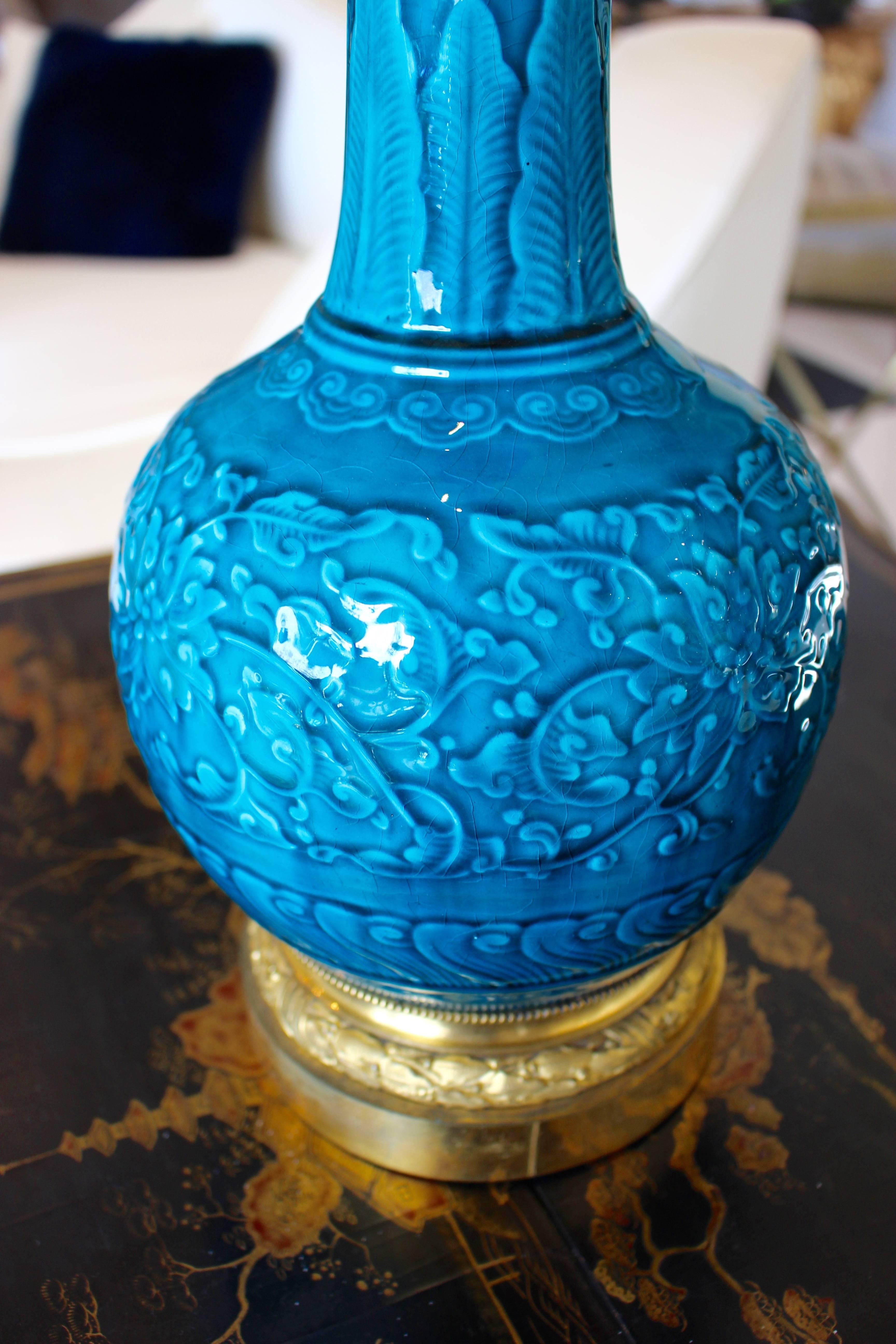 French Pair of Ormolu-Mounted Theodore Deck Faience Persian-Blue Vases with Lampshades For Sale