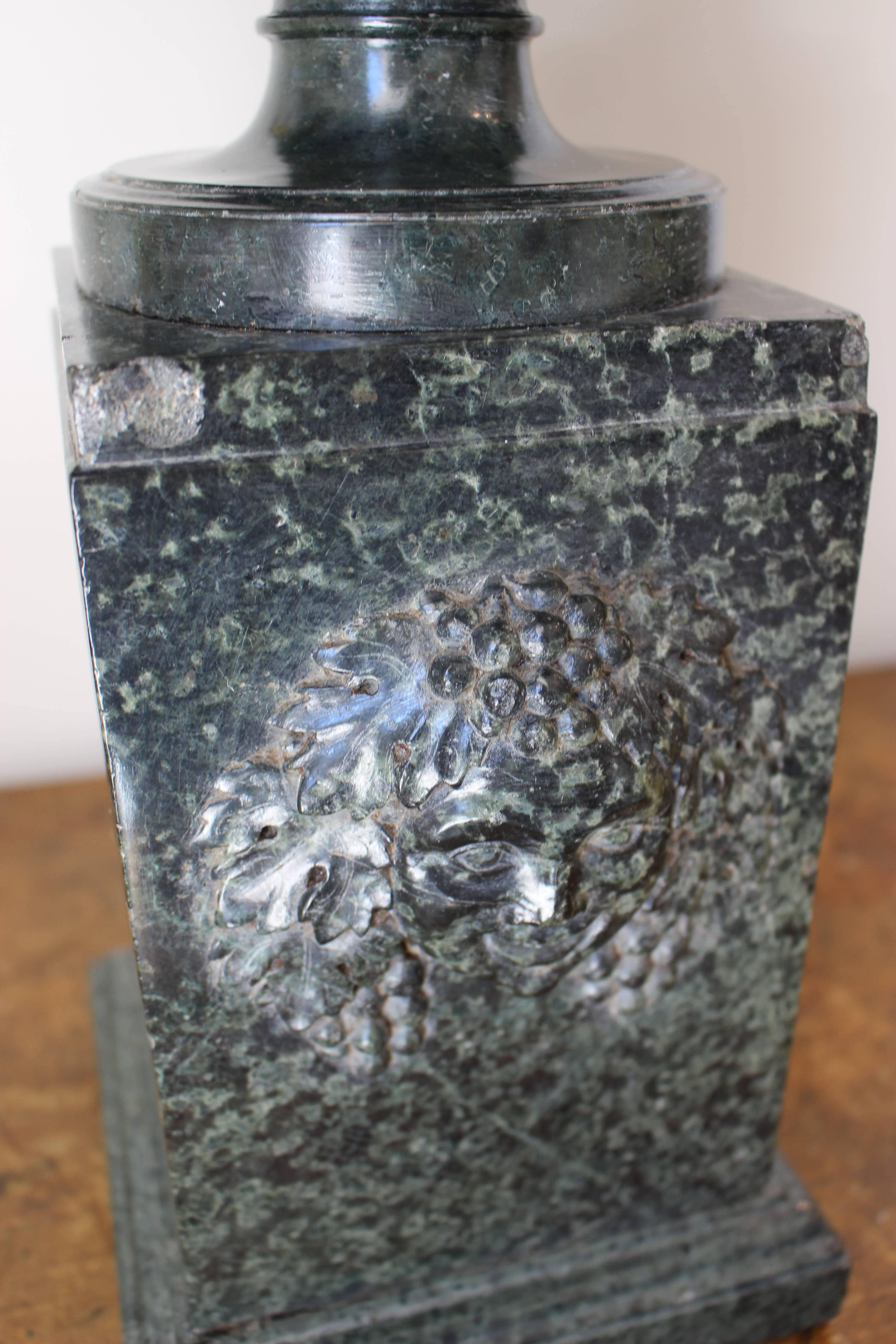 19th century Grand Tour Green Marble Tazza Vase with Classical Carved Details In Good Condition For Sale In Palm Desert, CA