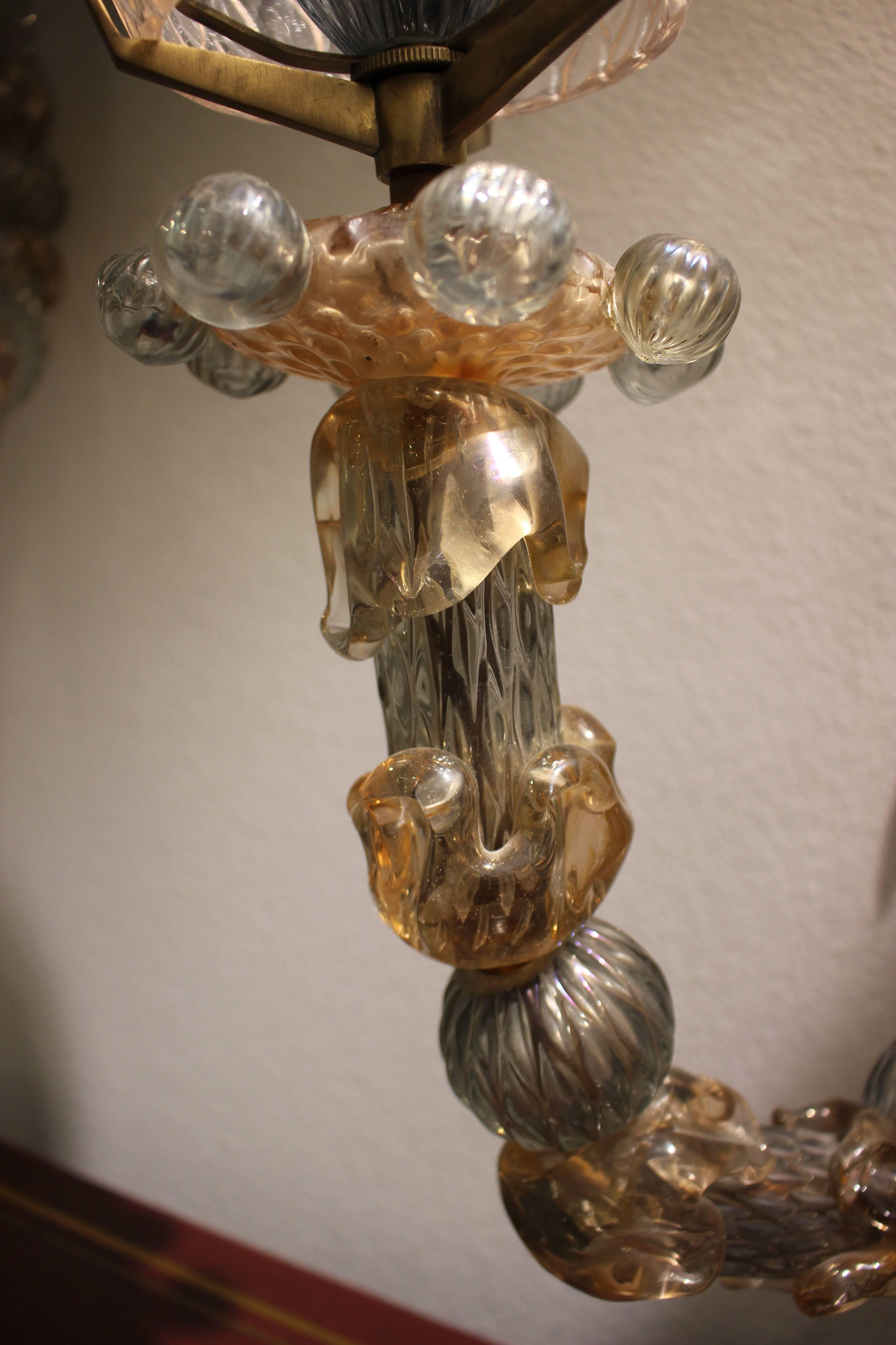 Mid-20th Century Pair of Italian Mold Blown Glass with Two-Arm Wall Lights For Sale