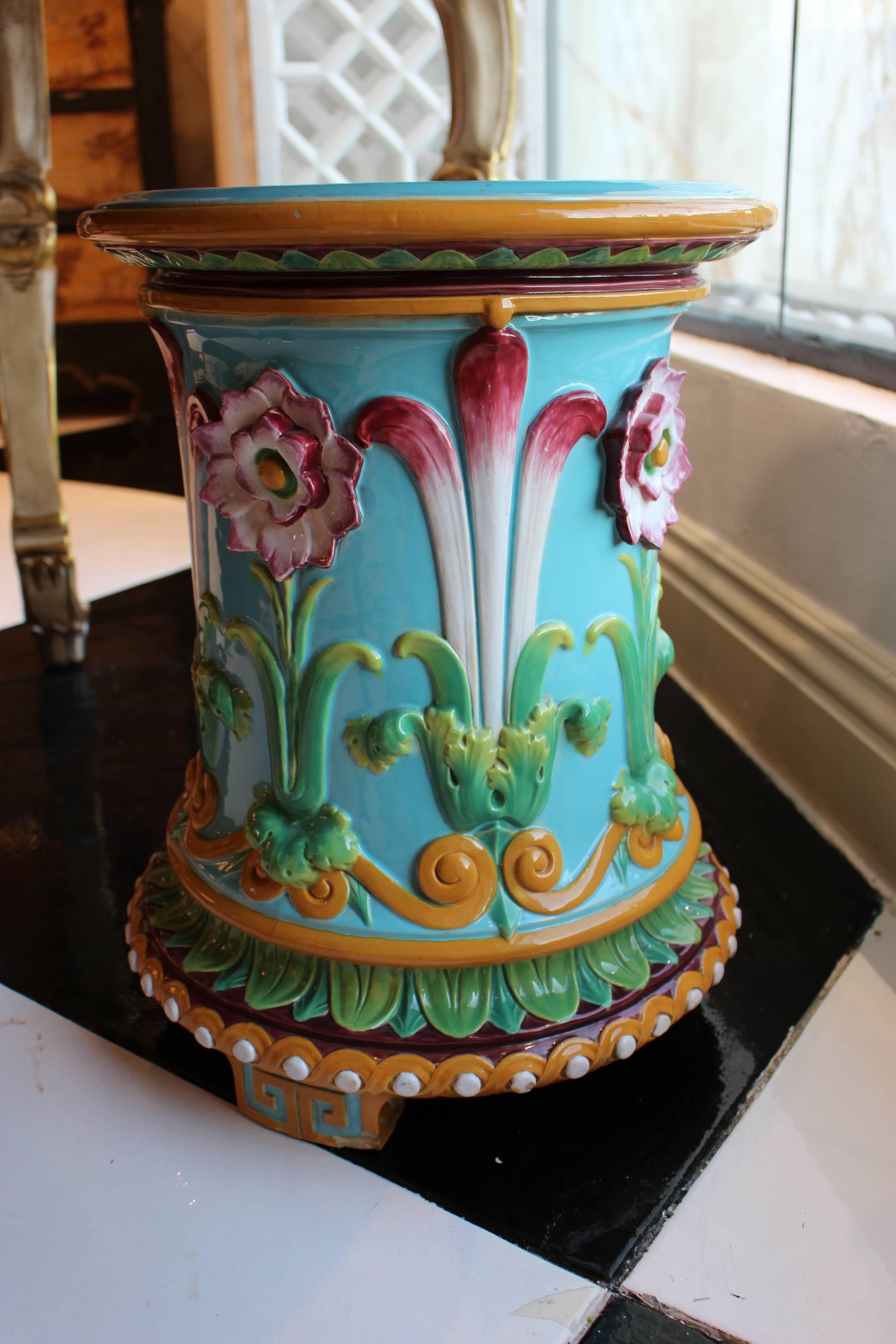 English Victorian Minton Majolica 1876 Turquoise Ground Garden Seat with Passion Flowers