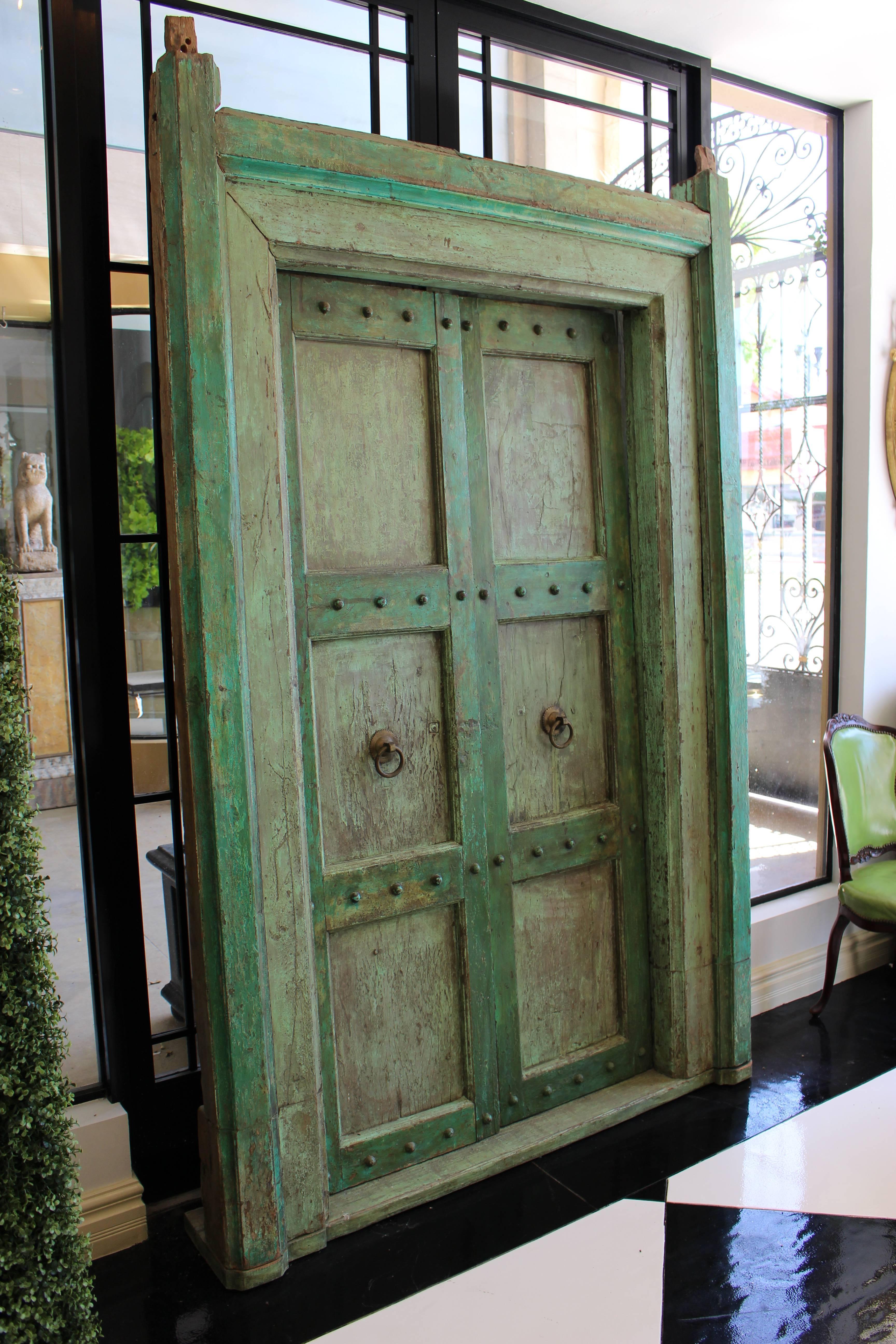 19th Century Indian Neoclassical Pale Green Painted Doors and Door Surround For Sale
