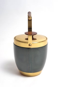 Italian Brass Leather and Rosewood Accented Ice Bucket