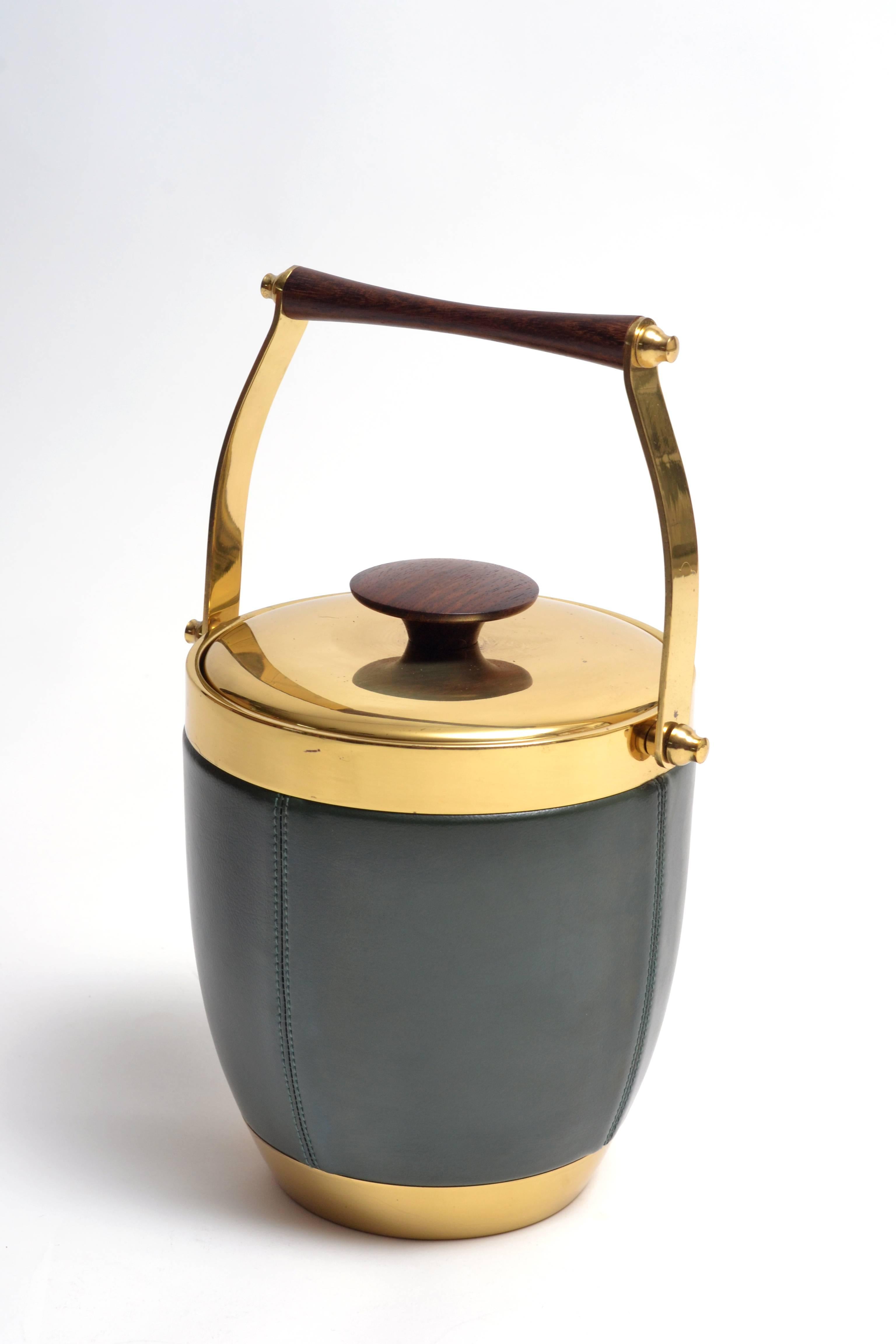 Mid-Century Modern Italian Brass Leather and Rosewood Accented Ice Bucket For Sale