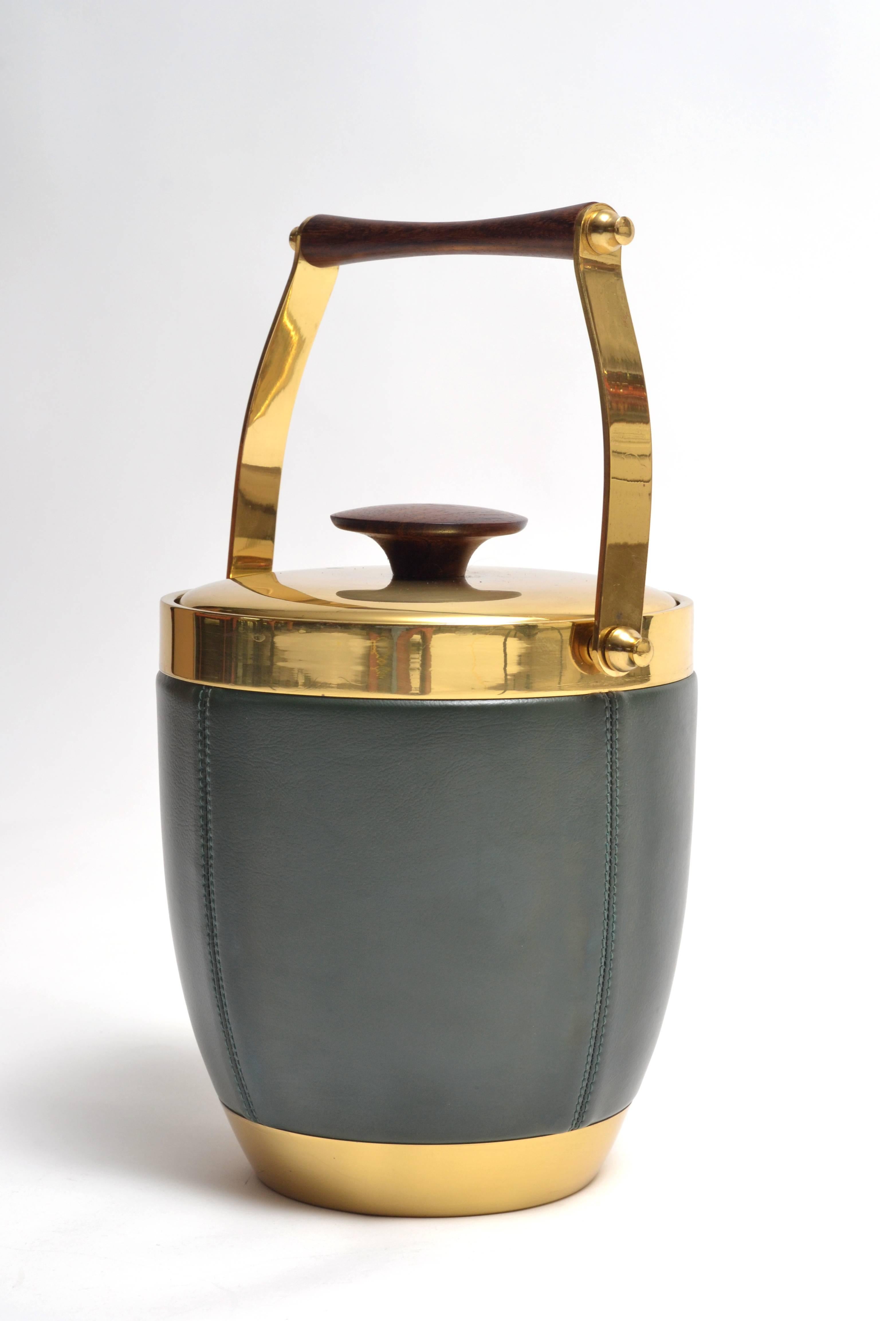 Italian Brass Leather and Rosewood Accented Ice Bucket In Excellent Condition For Sale In Pittsburgh, PA