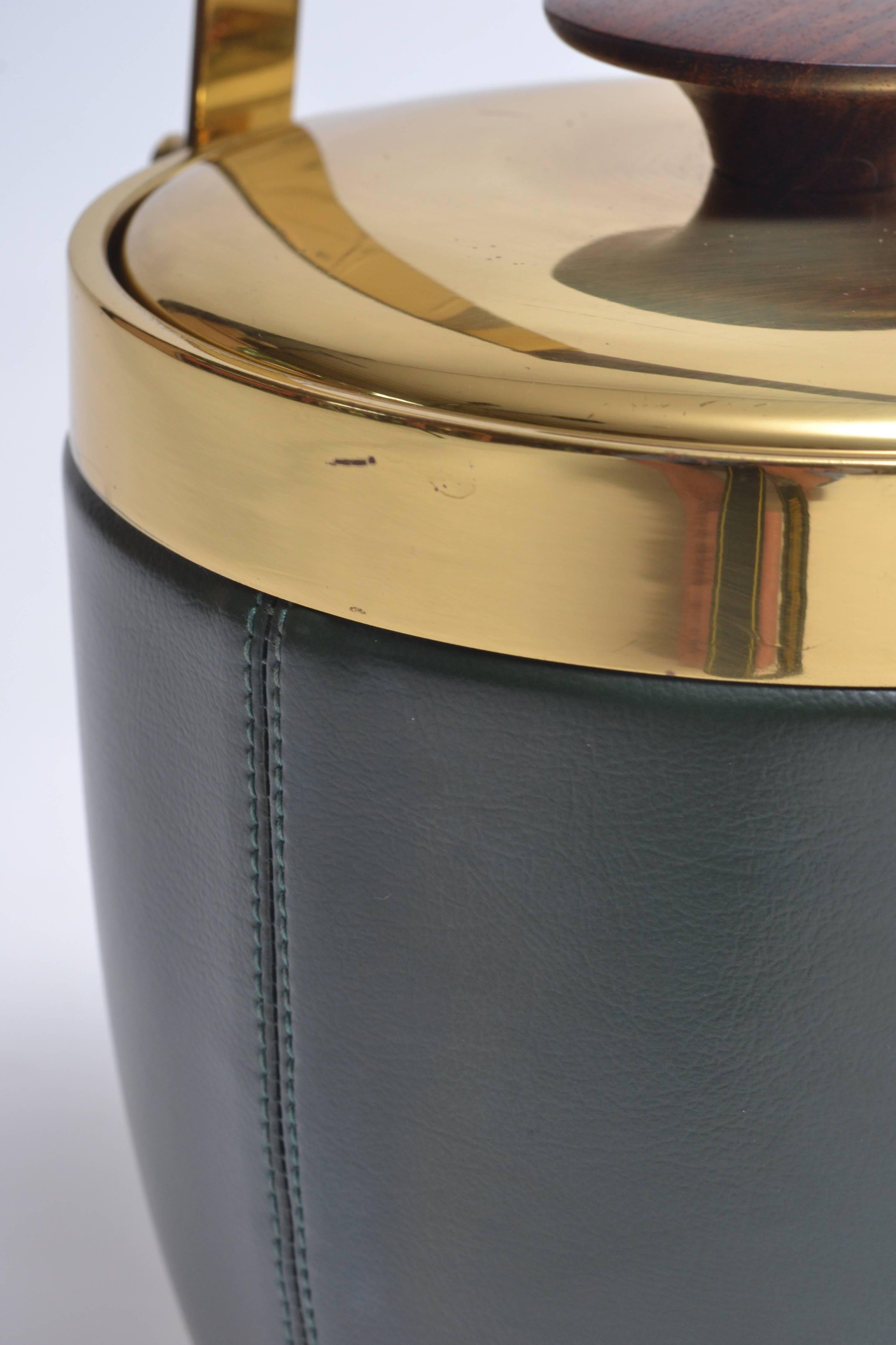 Italian Brass Leather and Rosewood Accented Ice Bucket For Sale 2