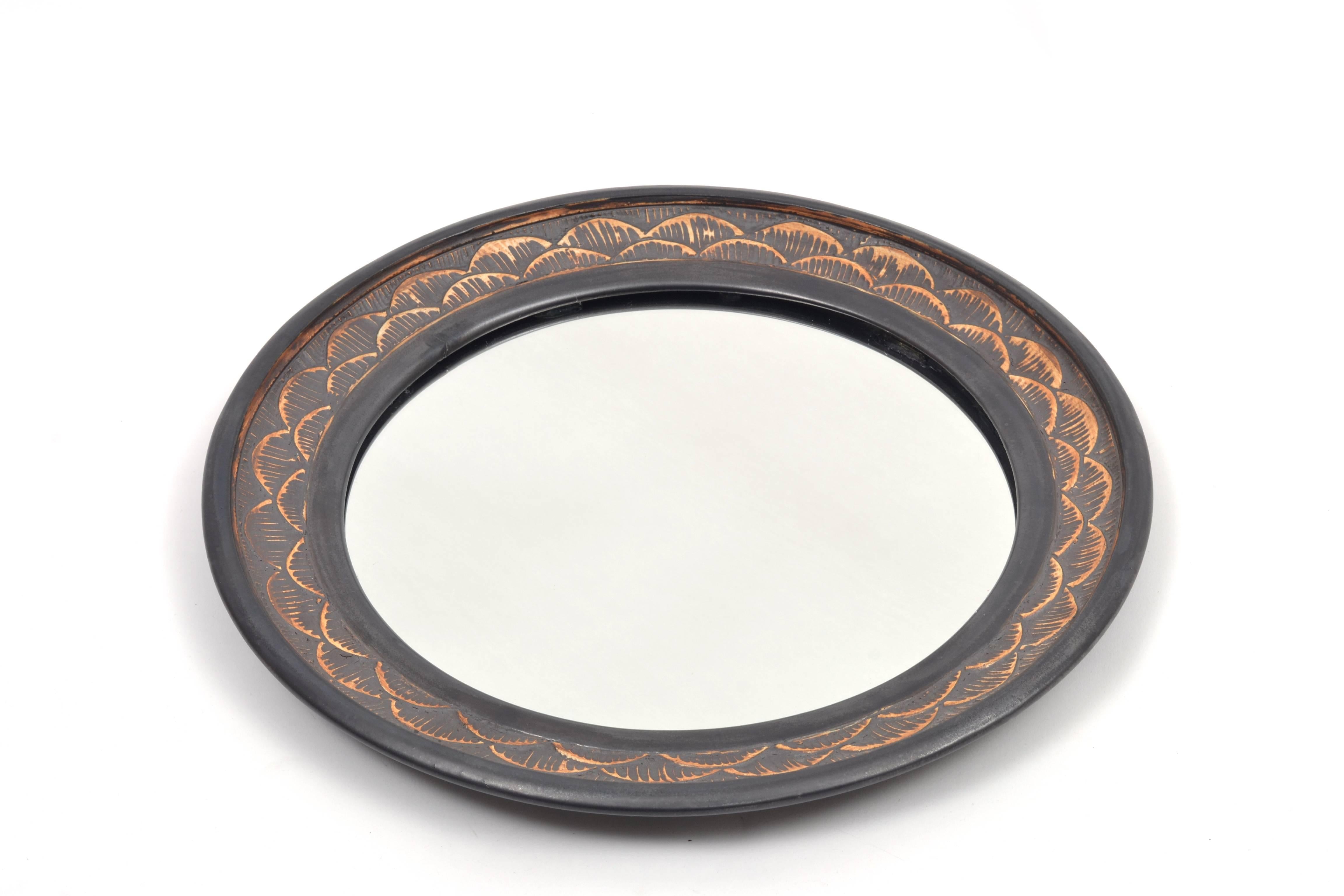 Rare, signed ceramic frame mirror by Cranbrook Academy alumni and former Maija Grotell assistant, Stephen Polchert (1920-2008). Few Polchert mirrors are known to exist.