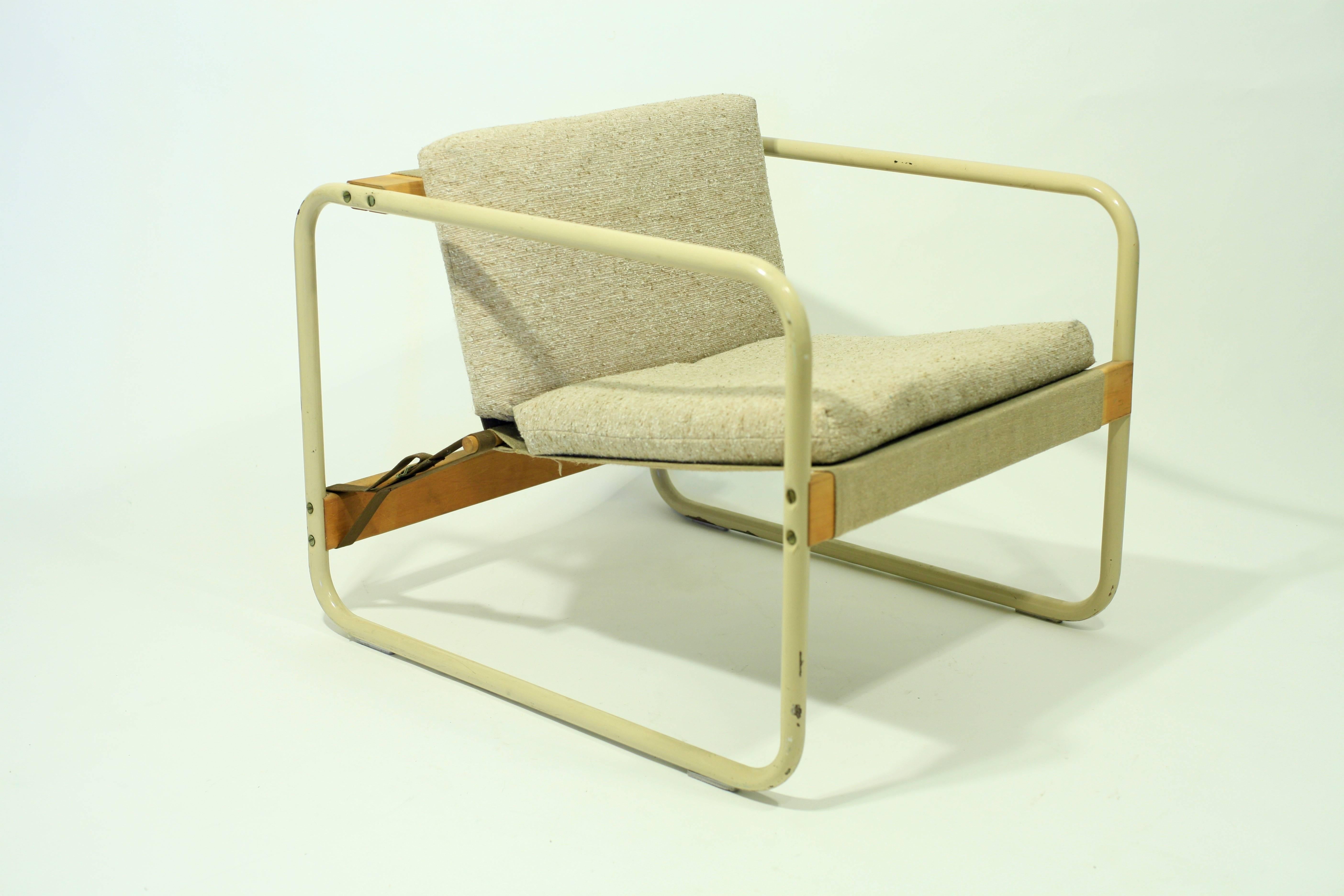 Very rare Karema garden chair by Michel Dallaire for habitat. Metal tubular construction with a floating sling which holds the upholstered cushions. A beautifully designed chair that you don't see everyday.
